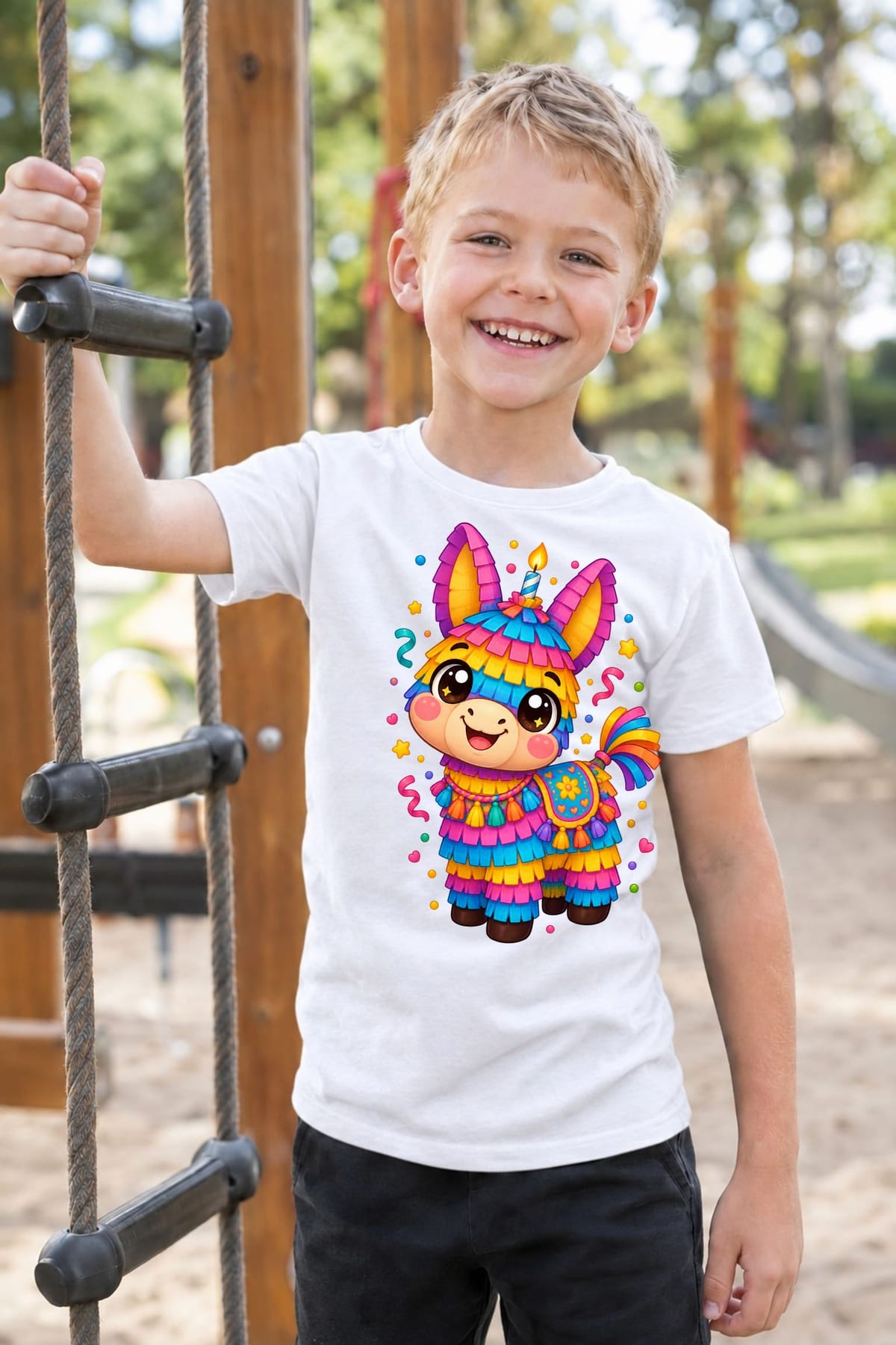 Koszulka z piniatą dla chłopca biała słodki styl kawaii, zdjęcie 4