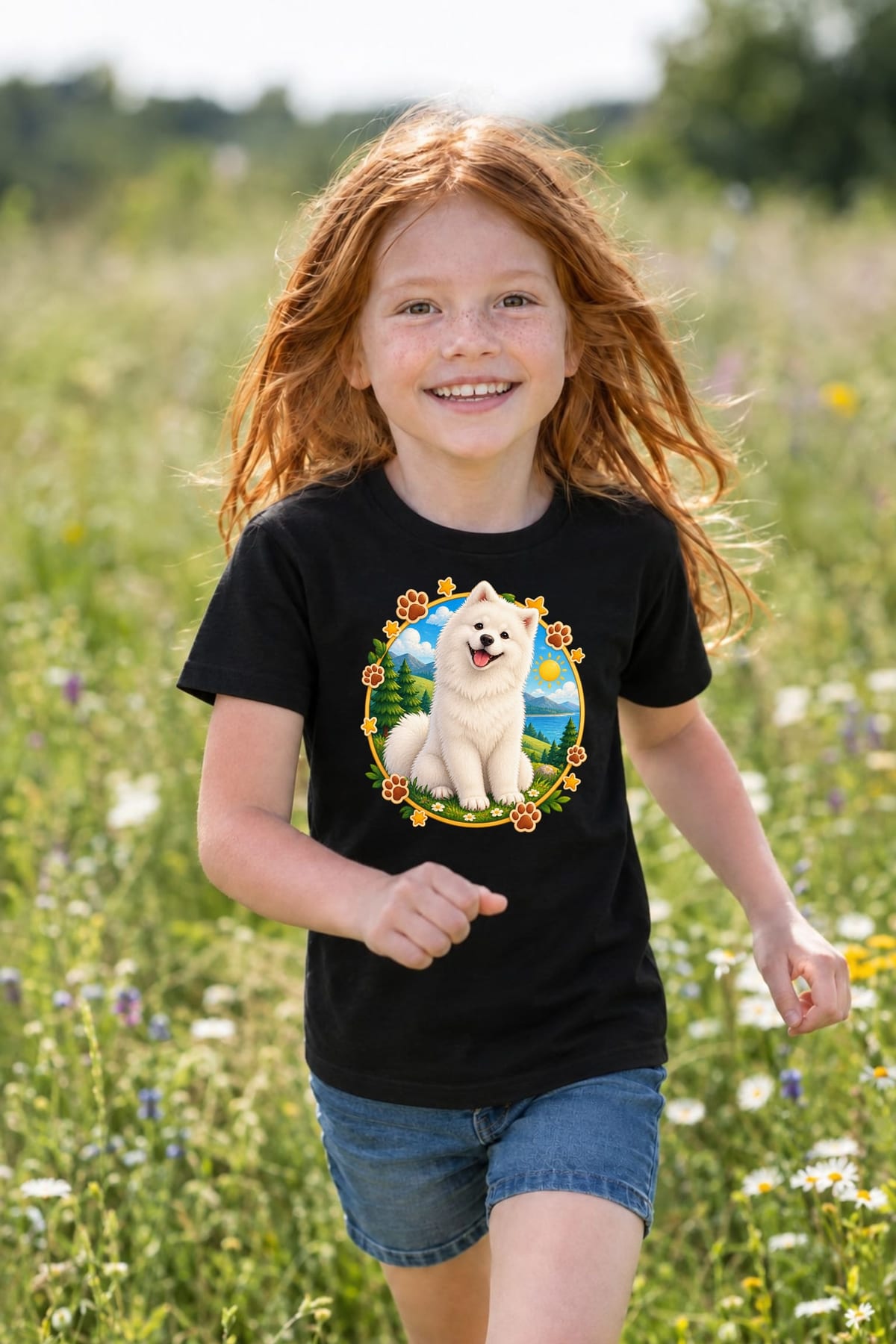 Koszulka z samoyedem dla dziewczynki czarna okrągła odznaka, zdjęcie 4