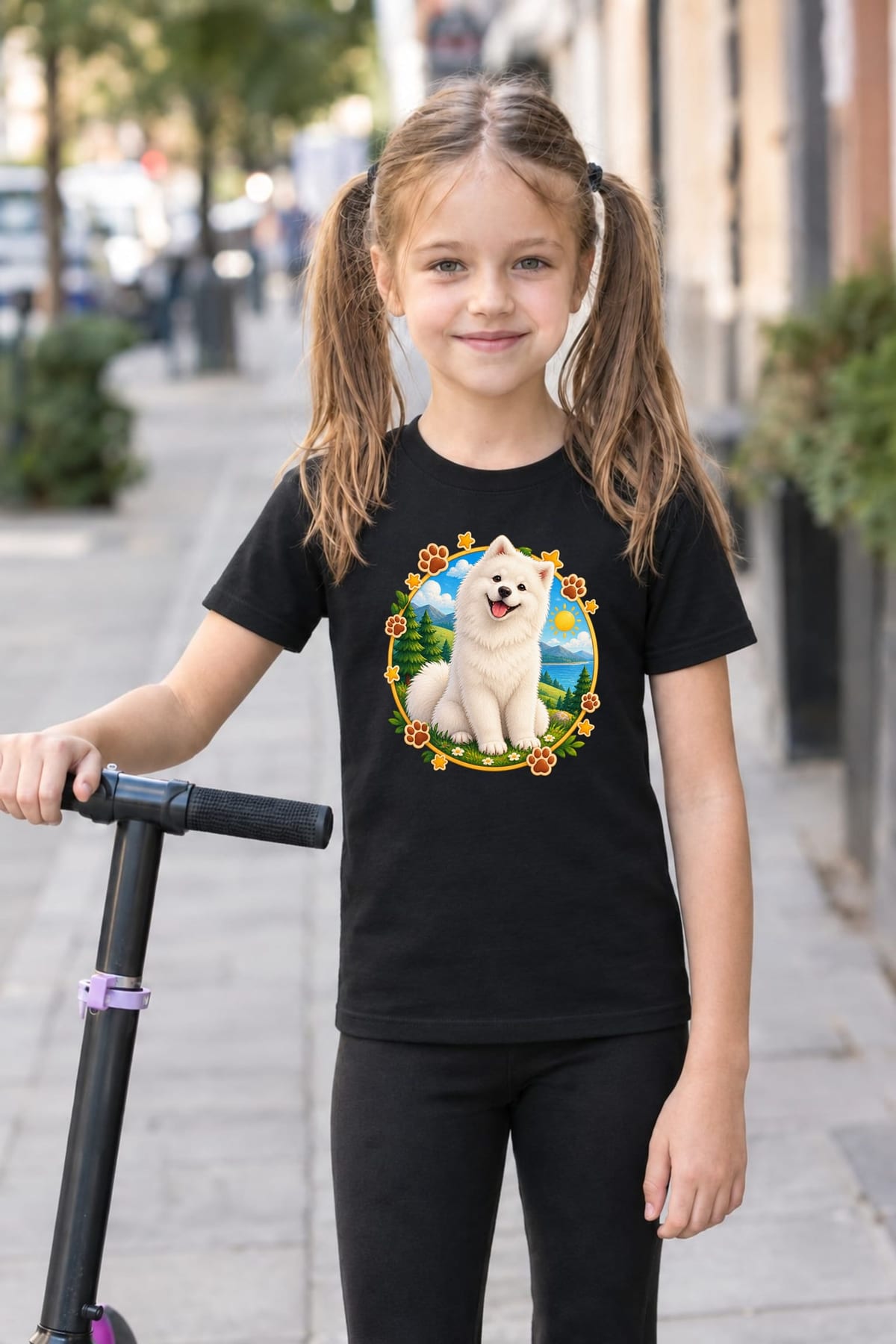 Koszulka z samoyedem dla dziewczynki czarna okrągła odznaka, zdjęcie 8