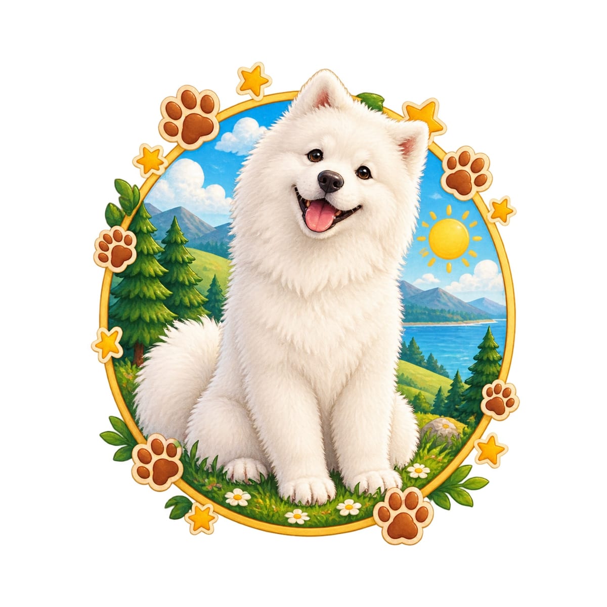 Koszulka z samoyedem dla chłopca biała okrągła scena odznaki, zdjęcie 2
