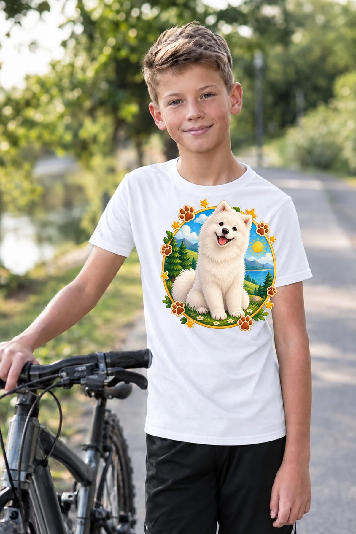 Koszulka z samoyedem dla chłopca biała okrągła scena odznaki, zdjęcie 6