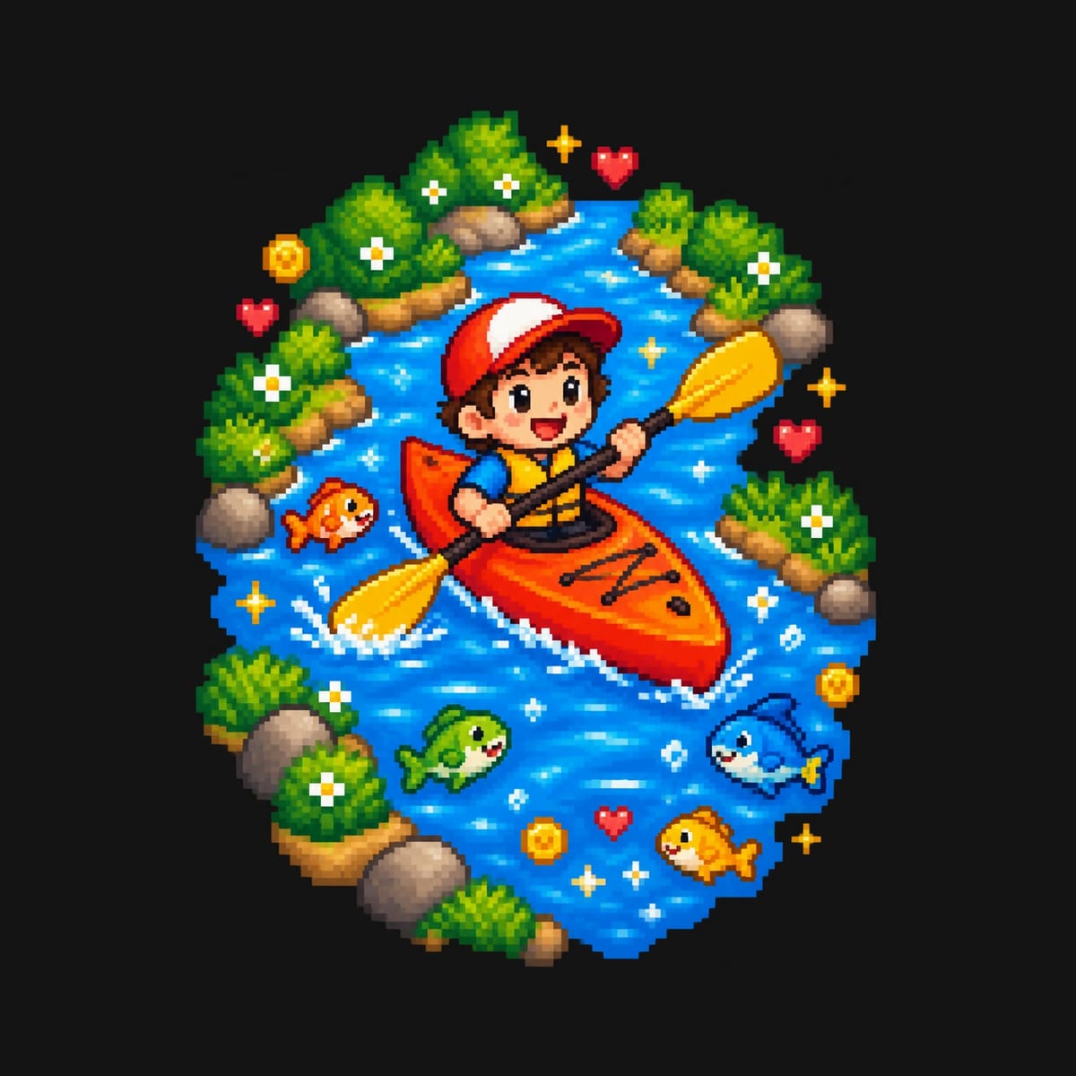 Koszulka z kajakiem dla chłopca czarna pixel art retro, zdjęcie 2