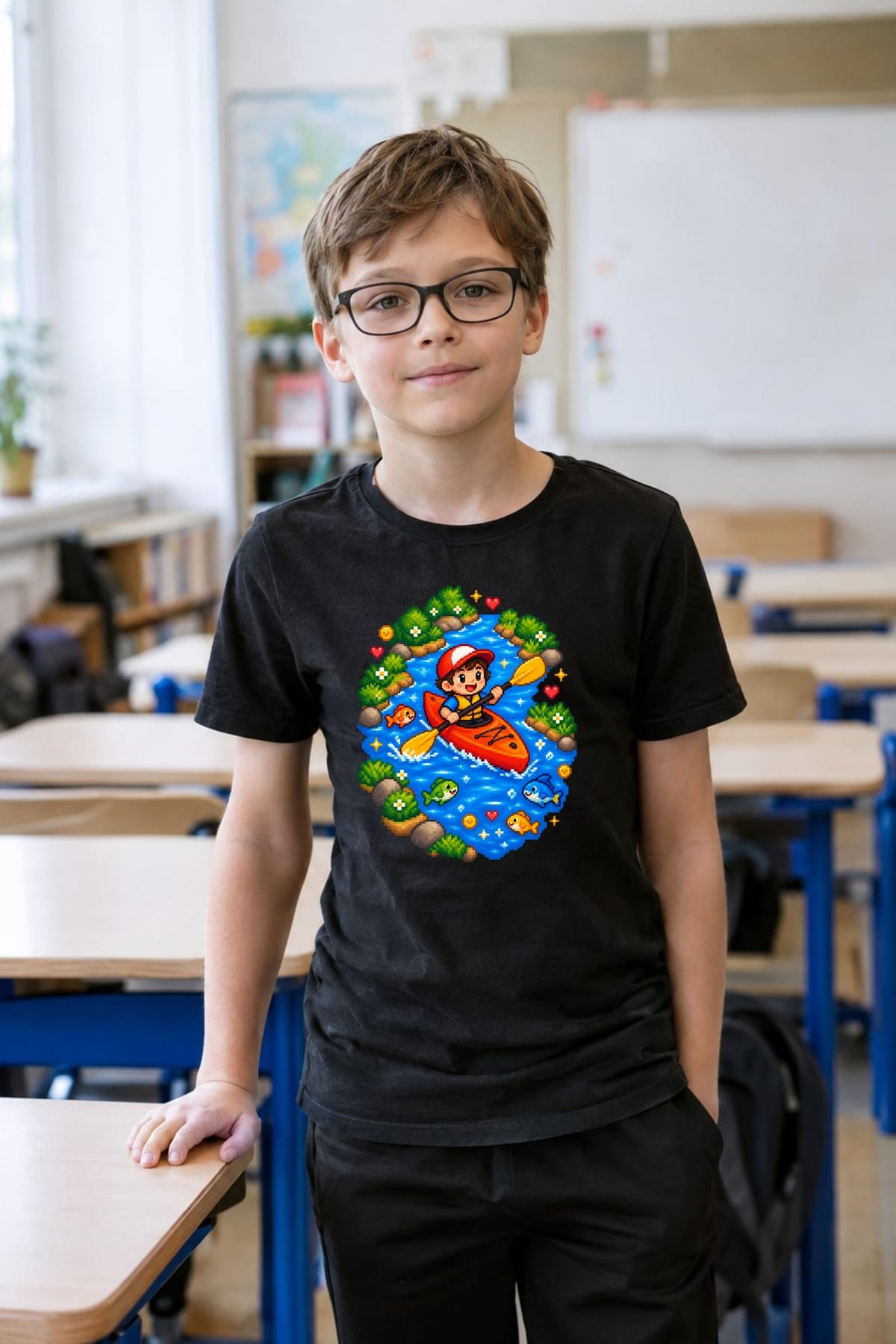 Koszulka z kajakiem dla chłopca czarna pixel art retro, zdjęcie 7