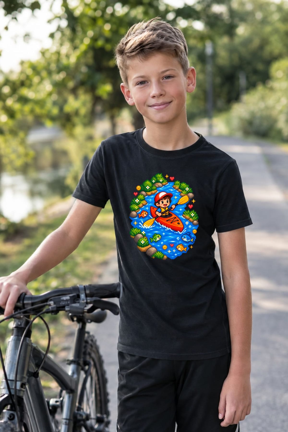 Koszulka z kajakiem dla chłopca czarna pixel art retro, zdjęcie 8