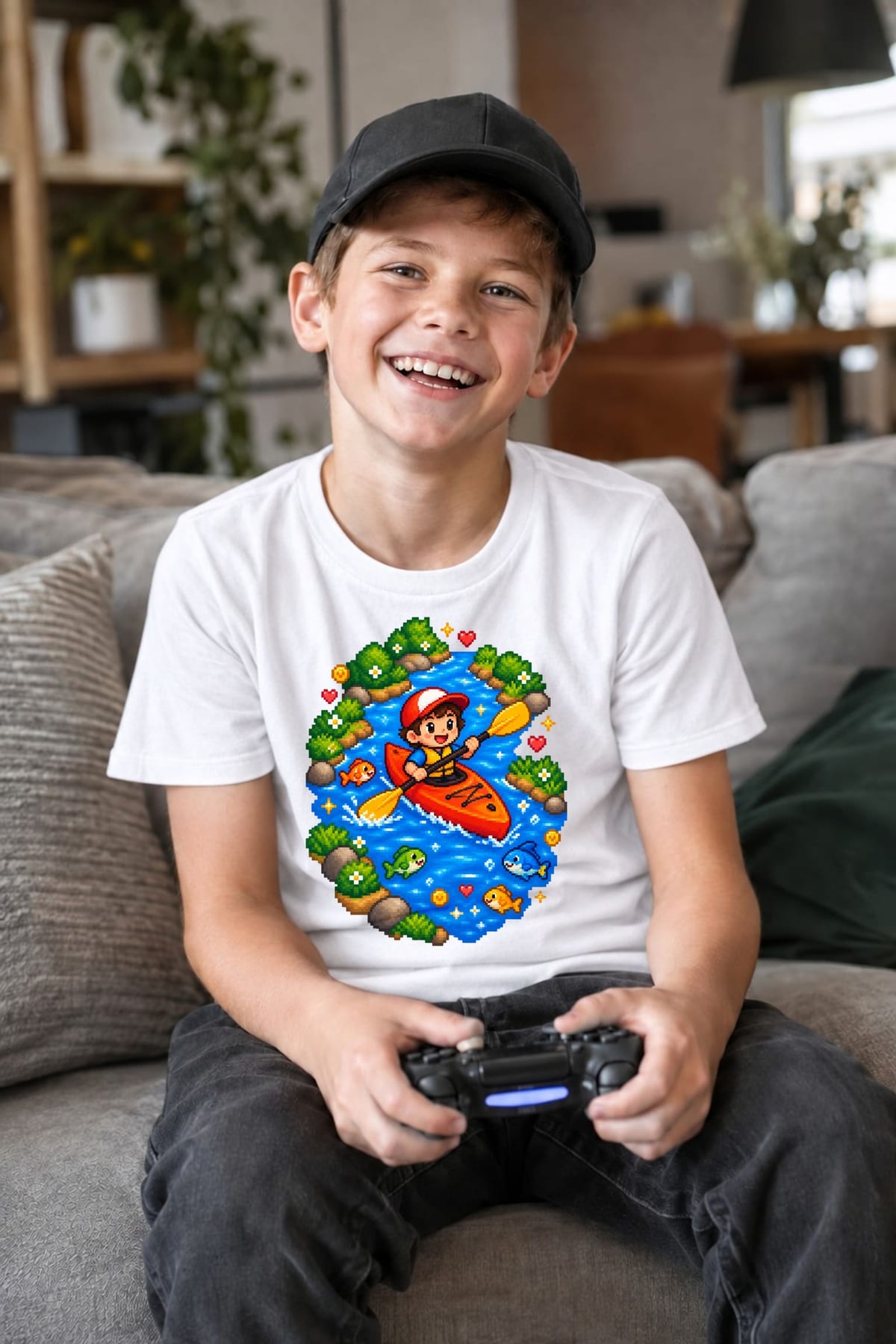 Koszulka z kajakiem dla chłopca biała pixel art retro, zdjęcie 5