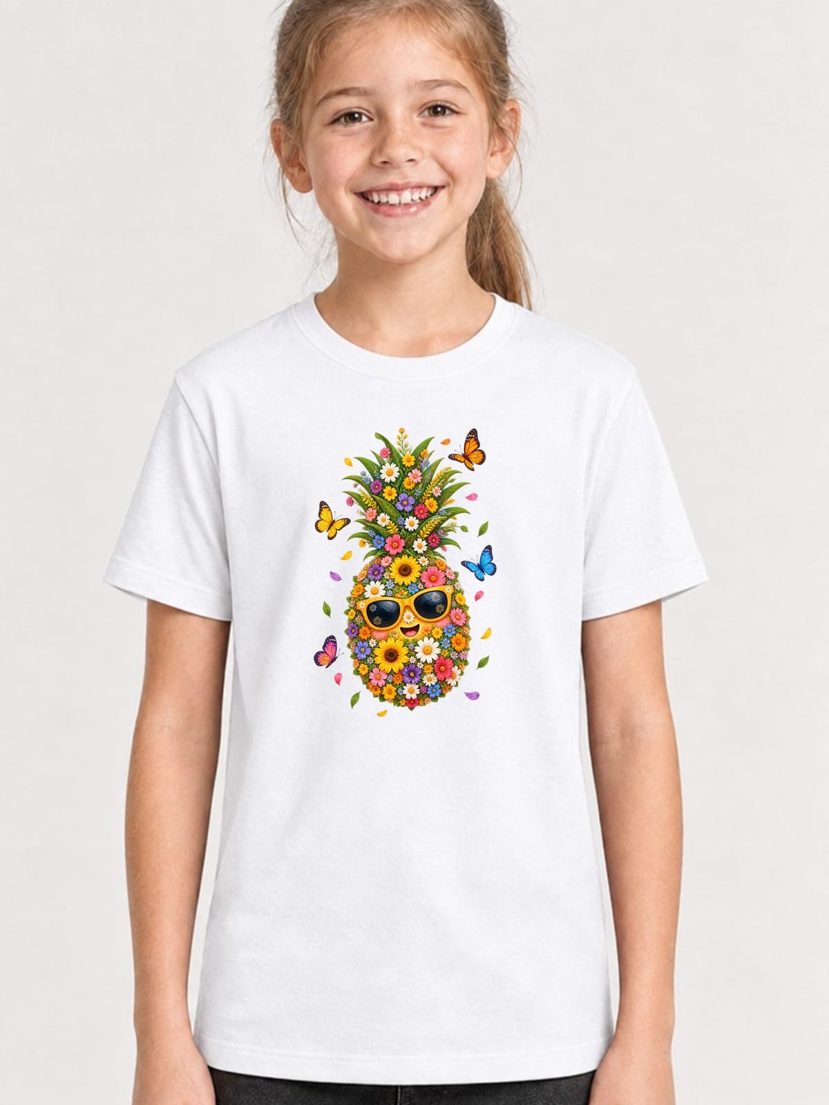Koszulka z ananasem dla dziewczynki biała ananas z kwiatów, zdjęcie 1