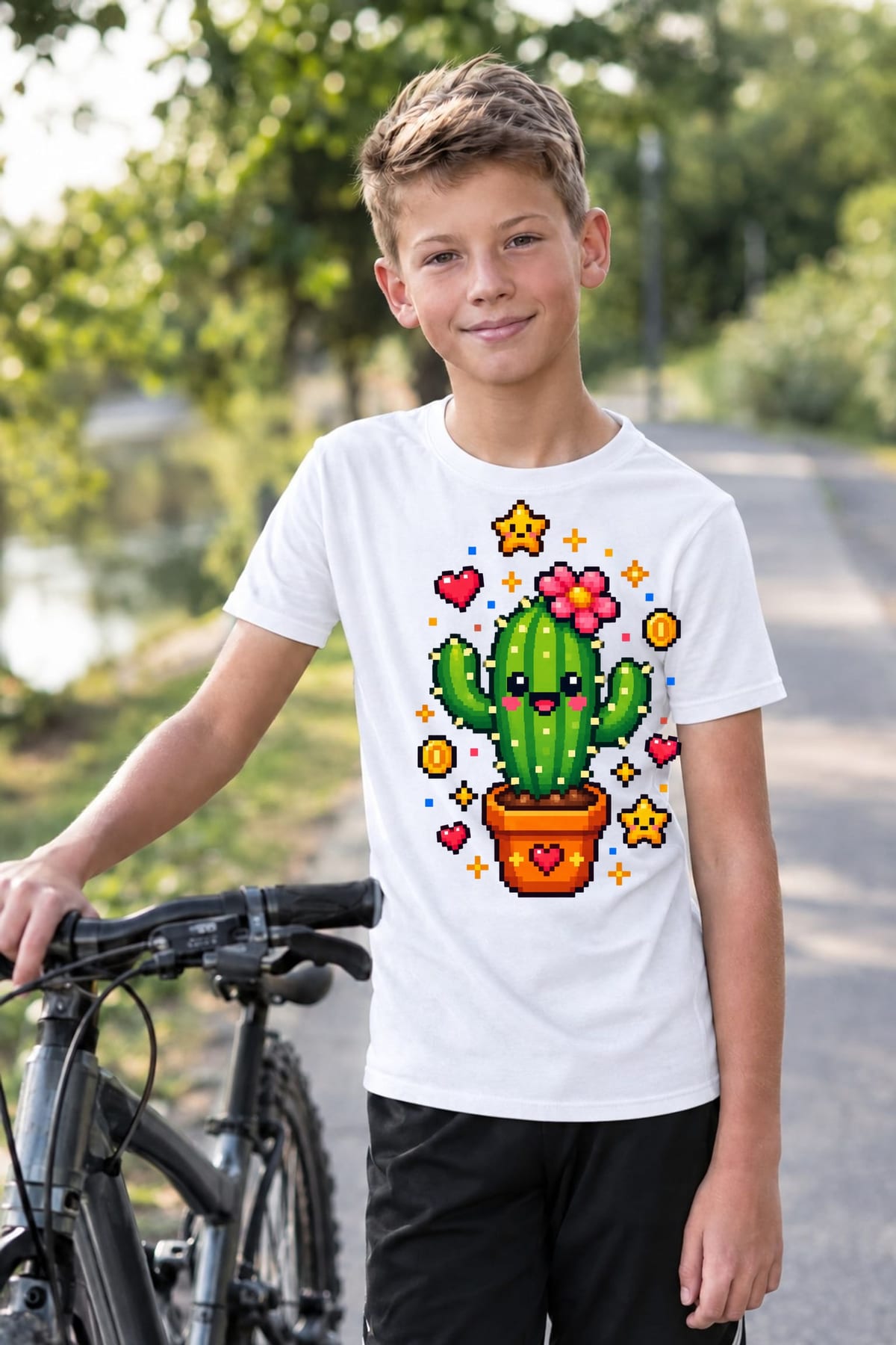 Koszulka z kaktusem dla chłopca biała pixel art w stylu gry, zdjęcie 5