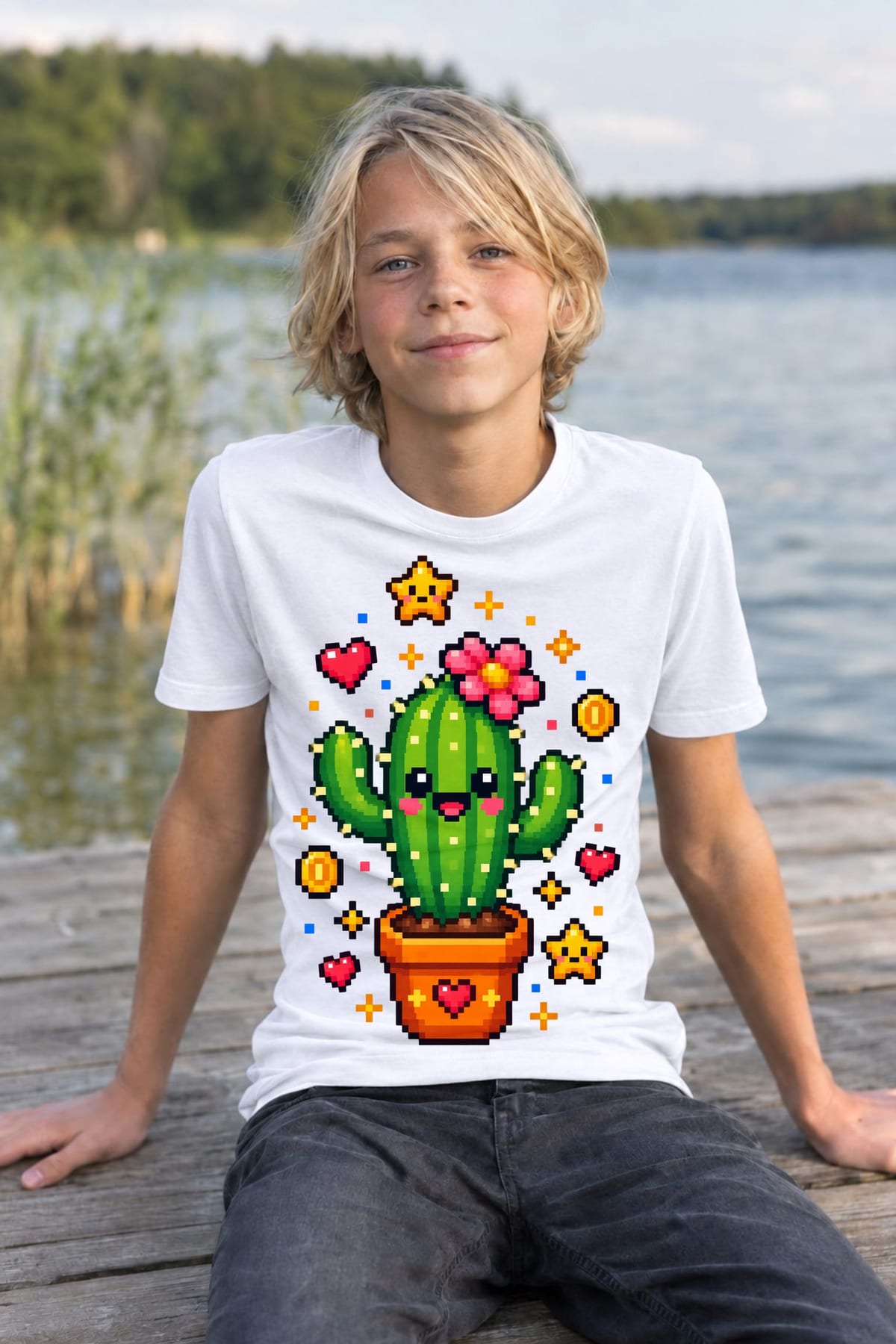 Koszulka z kaktusem dla chłopca biała pixel art w stylu gry, zdjęcie 7