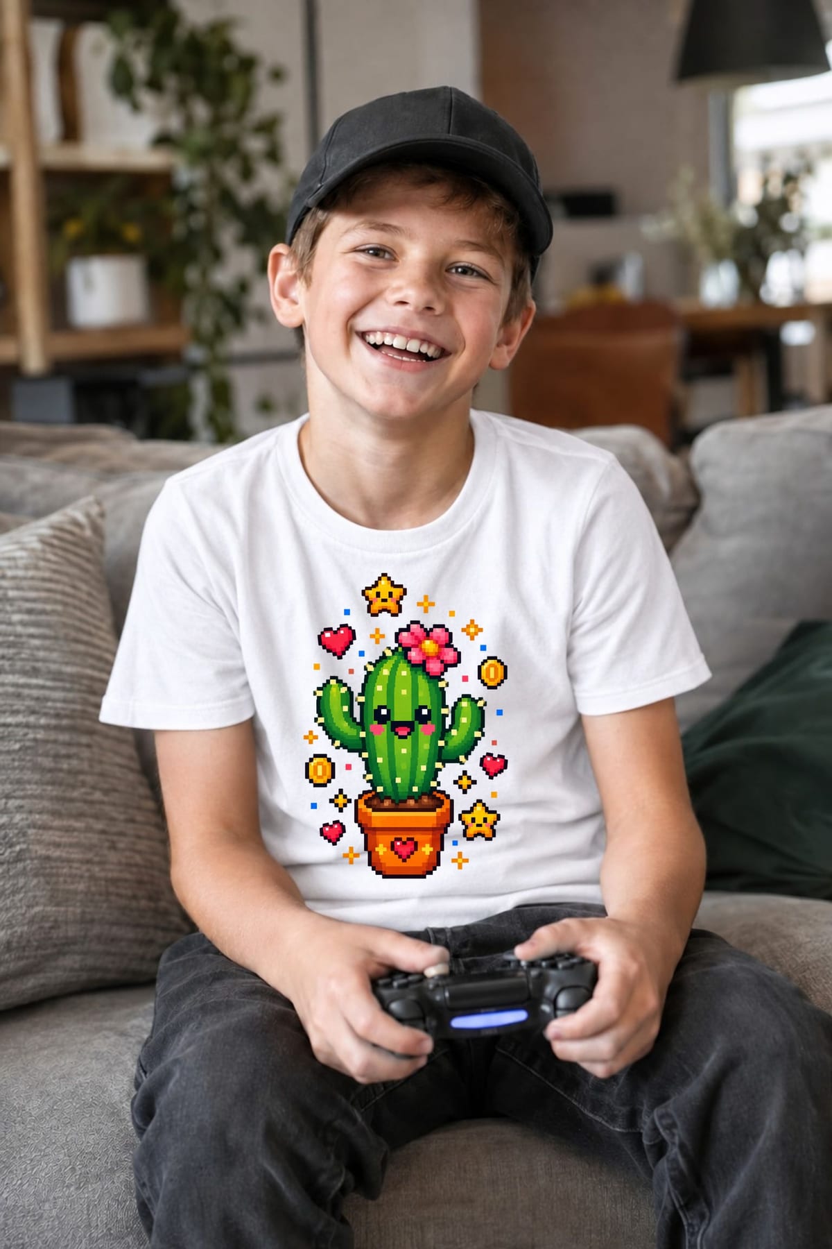 Koszulka z kaktusem dla chłopca biała pixel art w stylu gry, zdjęcie 8