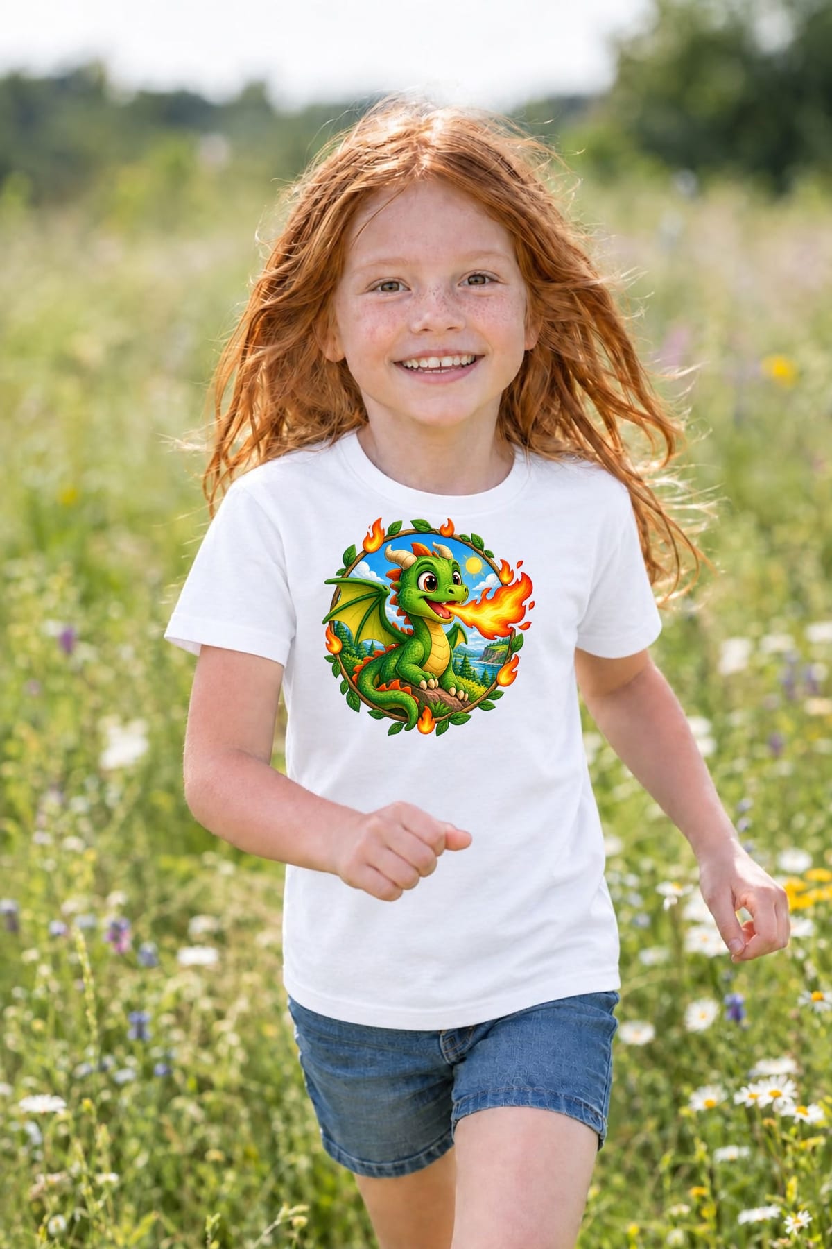 Koszulka dziecięca ze smokiem dla dziewczynki biała okrągła odznaka, zdjęcie 8