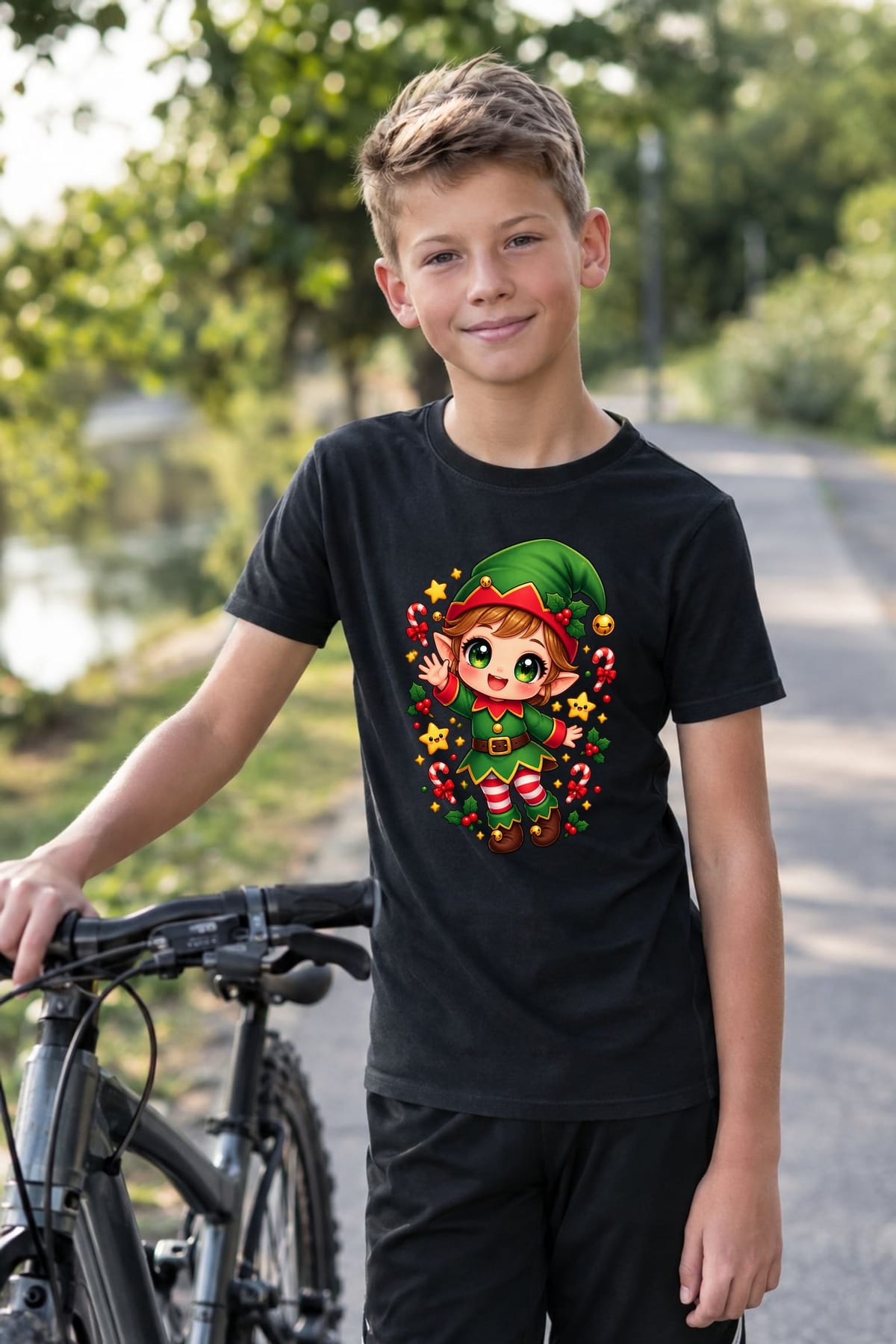 Koszulka z elfem dla chłopca czarna słodki styl kawaii, zdjęcie 6