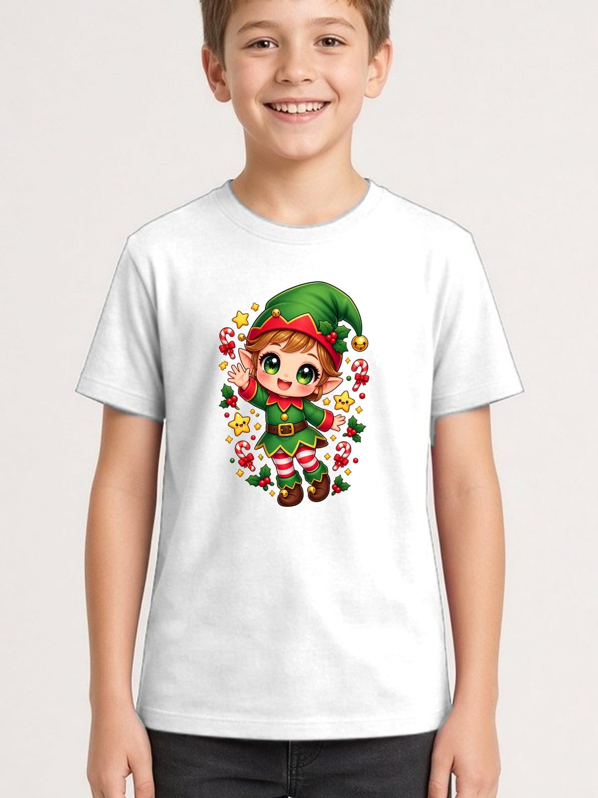 Koszulka z elfem dla chłopca biała słodki styl kawaii, zdjęcie 1