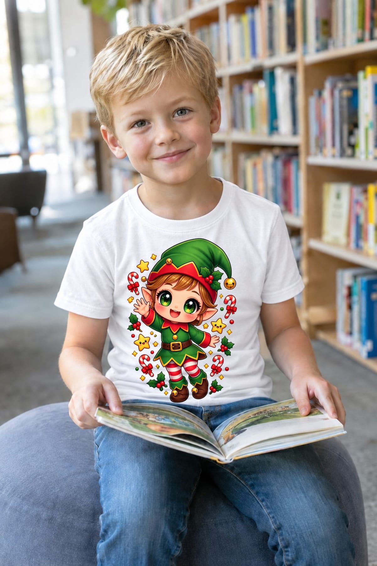 Koszulka z elfem dla chłopca biała słodki styl kawaii, zdjęcie 3