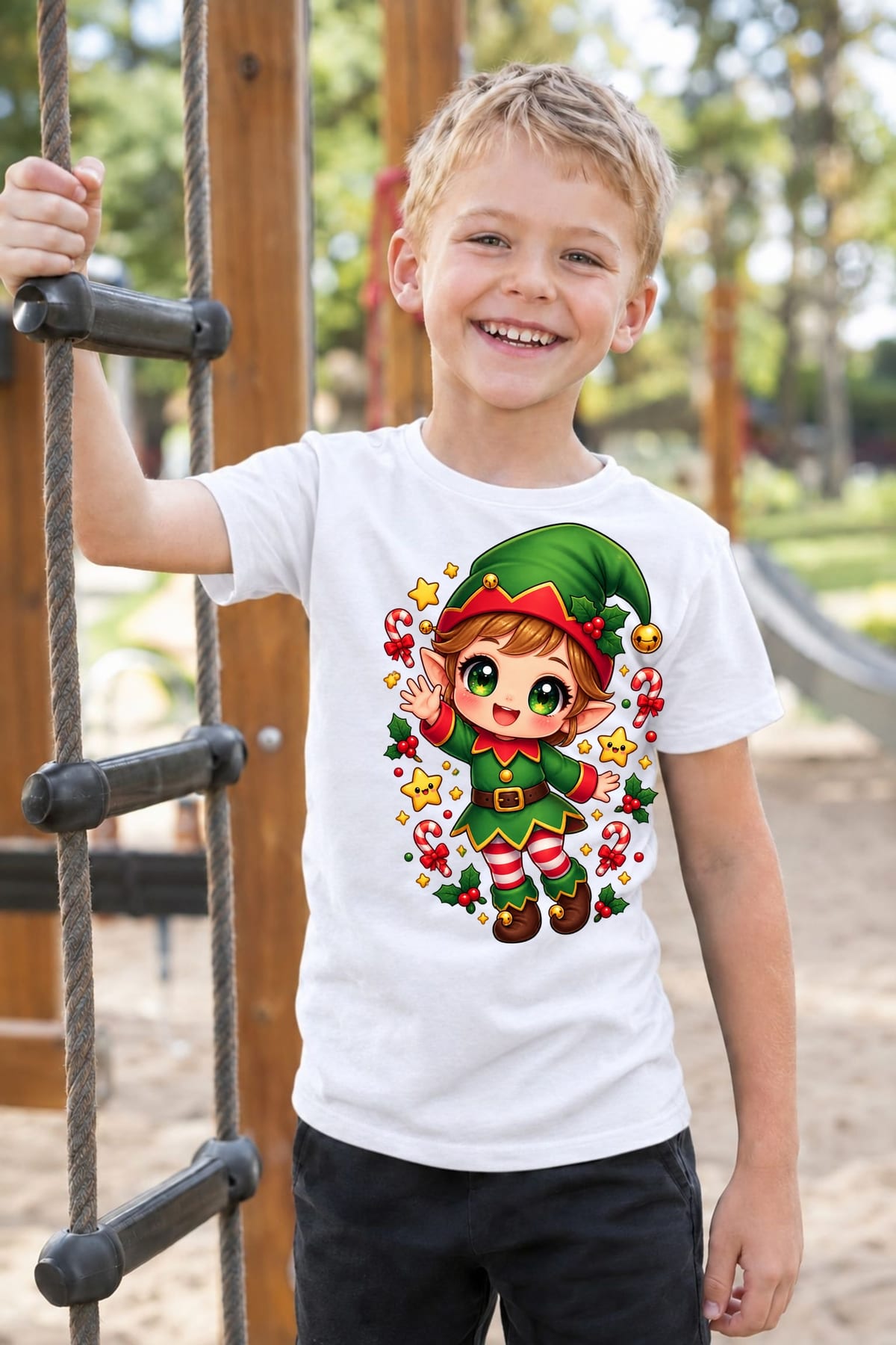 Koszulka z elfem dla chłopca biała słodki styl kawaii, zdjęcie 5