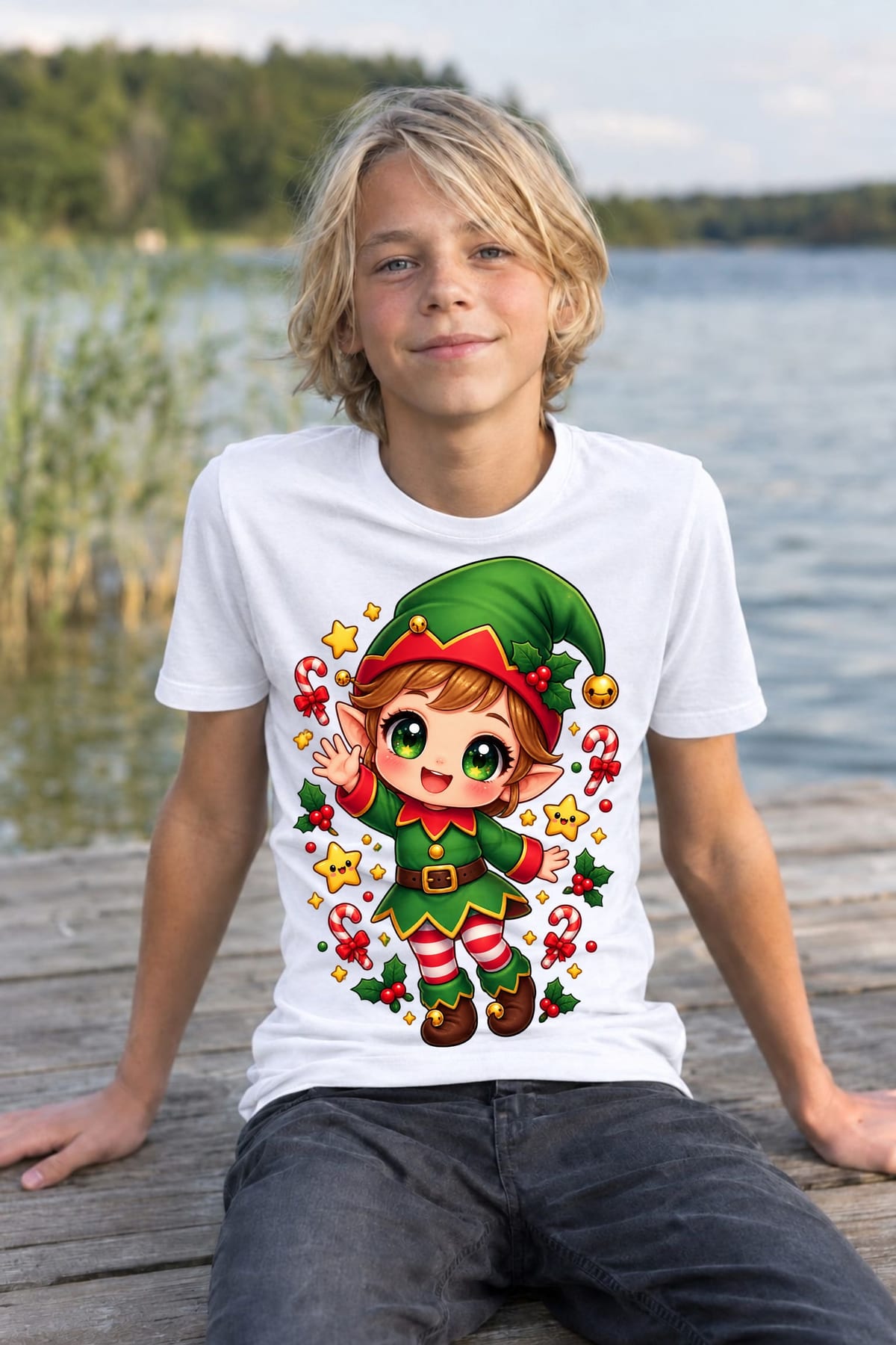 Koszulka z elfem dla chłopca biała słodki styl kawaii, zdjęcie 6