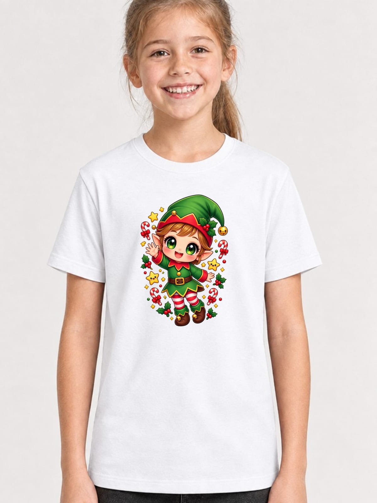 Koszulka z elfem dla dziewczynki biała słodki styl kawaii, zdjęcie 1