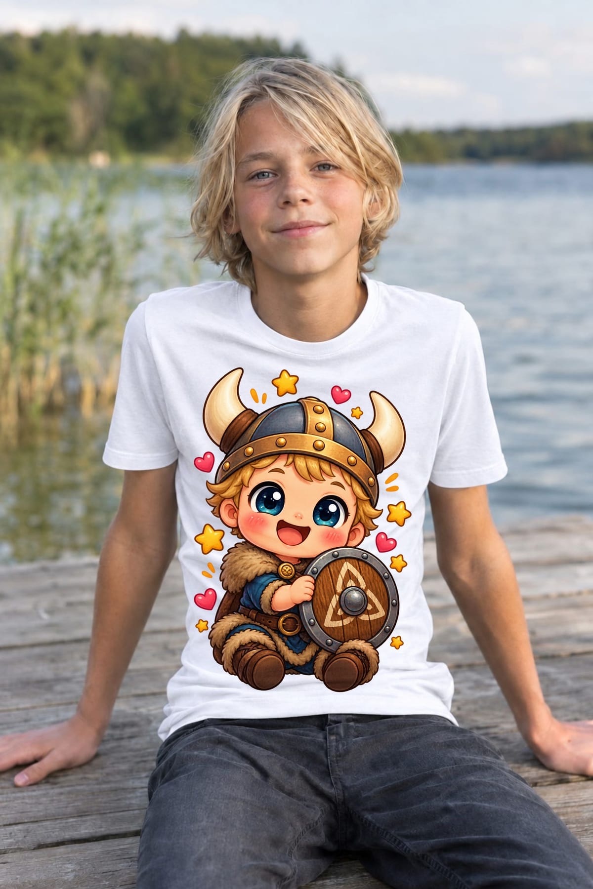 Koszulka z wikingiem dla chłopca biała słodki kawaii, zdjęcie 5
