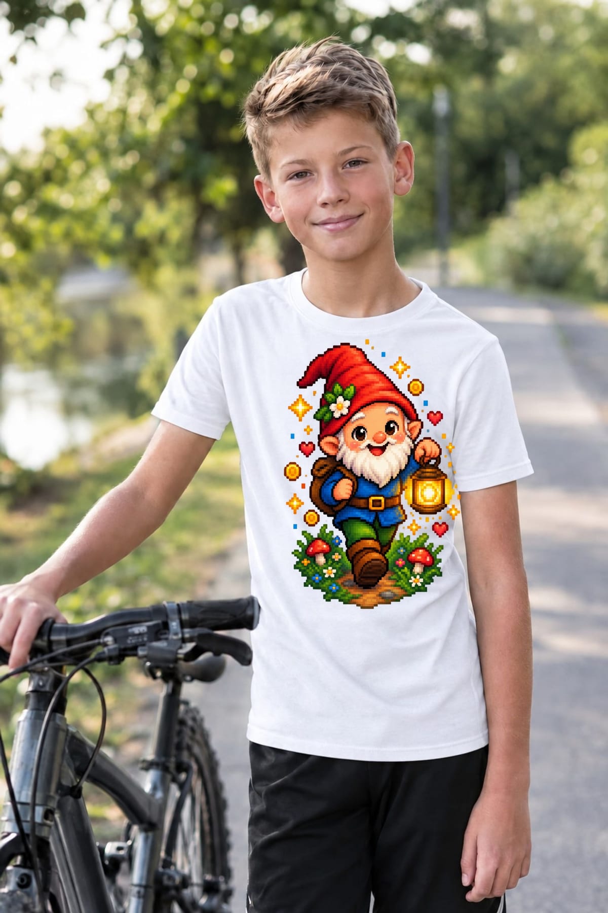 Koszulka z krasnalem dla chłopca biała pixel art z gwiazdkami, zdjęcie 3