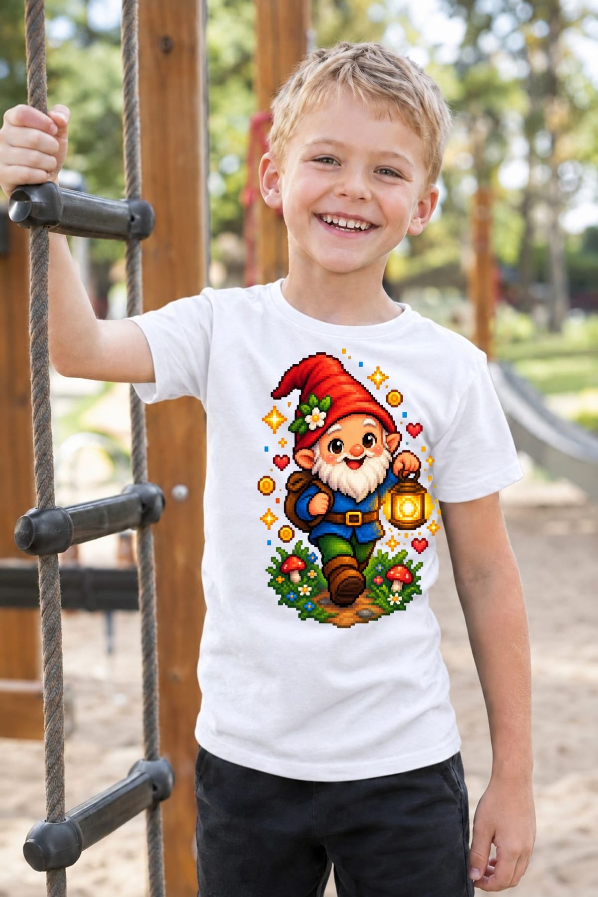 Koszulka z krasnalem dla chłopca biała pixel art z gwiazdkami, zdjęcie 8