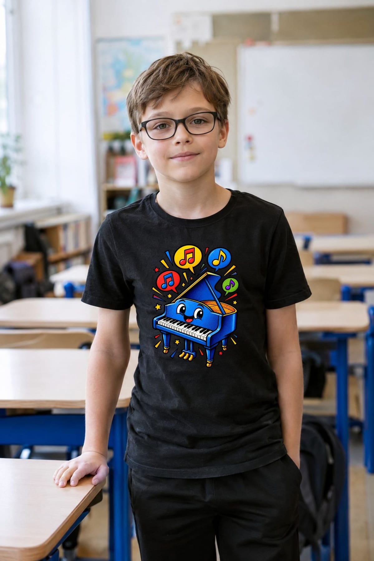 Koszulka z pianinem dla chłopca czarna komiksowe grube kontury, zdjęcie 5