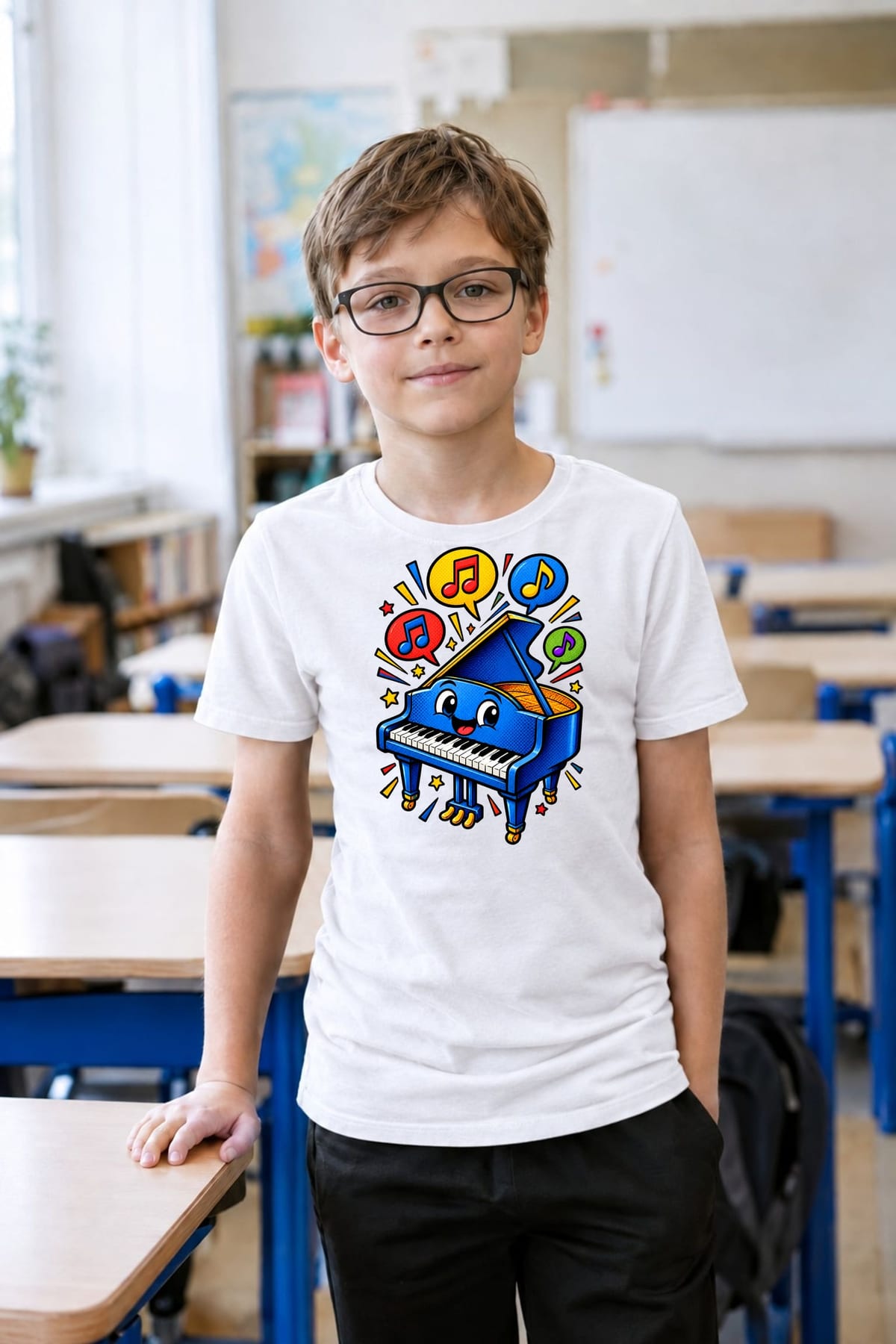 Koszulka z pianinem dla chłopca biała komiksowe grube kontury, zdjęcie 8