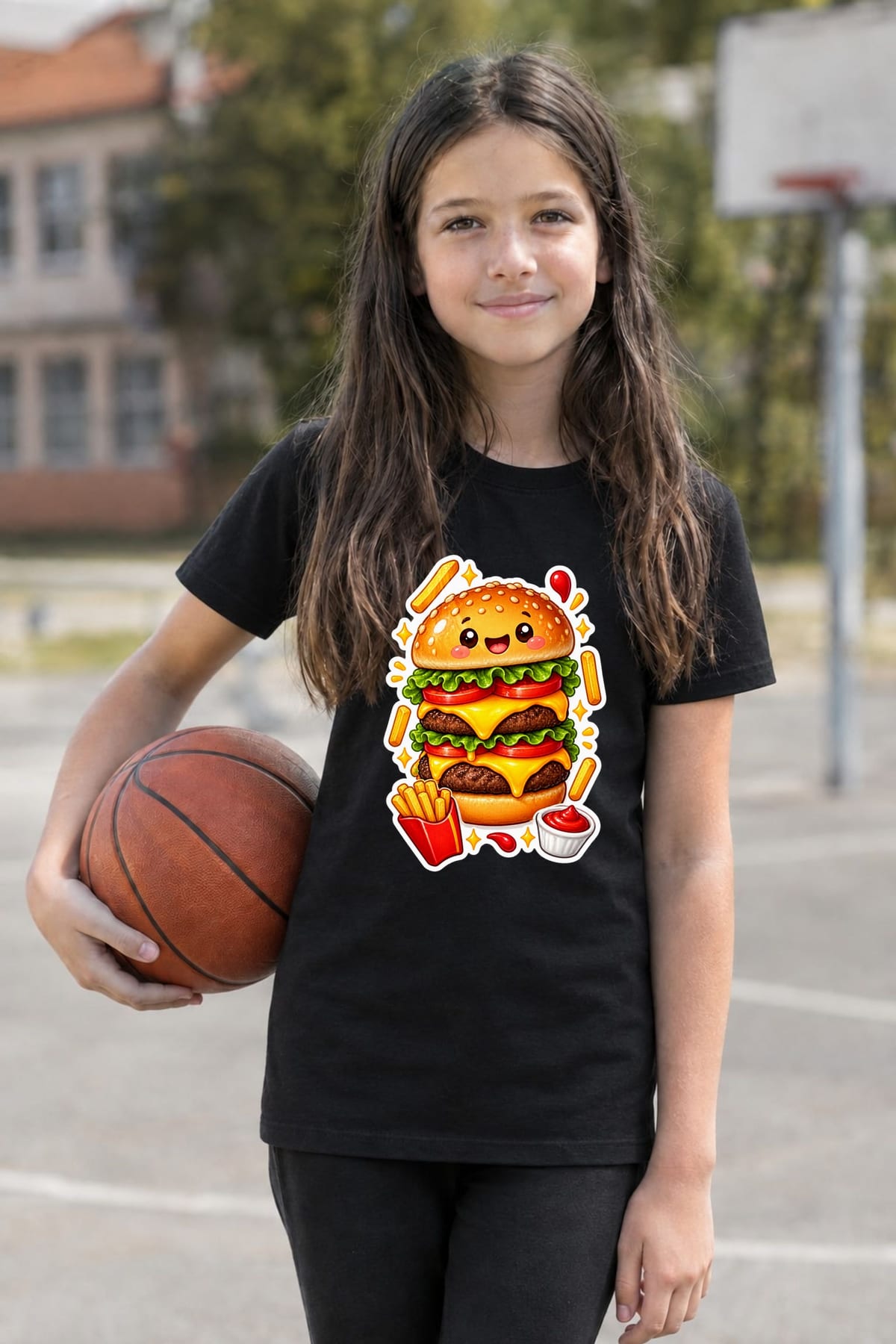 Koszulka z hamburgerem dla dziewczynki czarna w stylu naklejki, zdjęcie 3