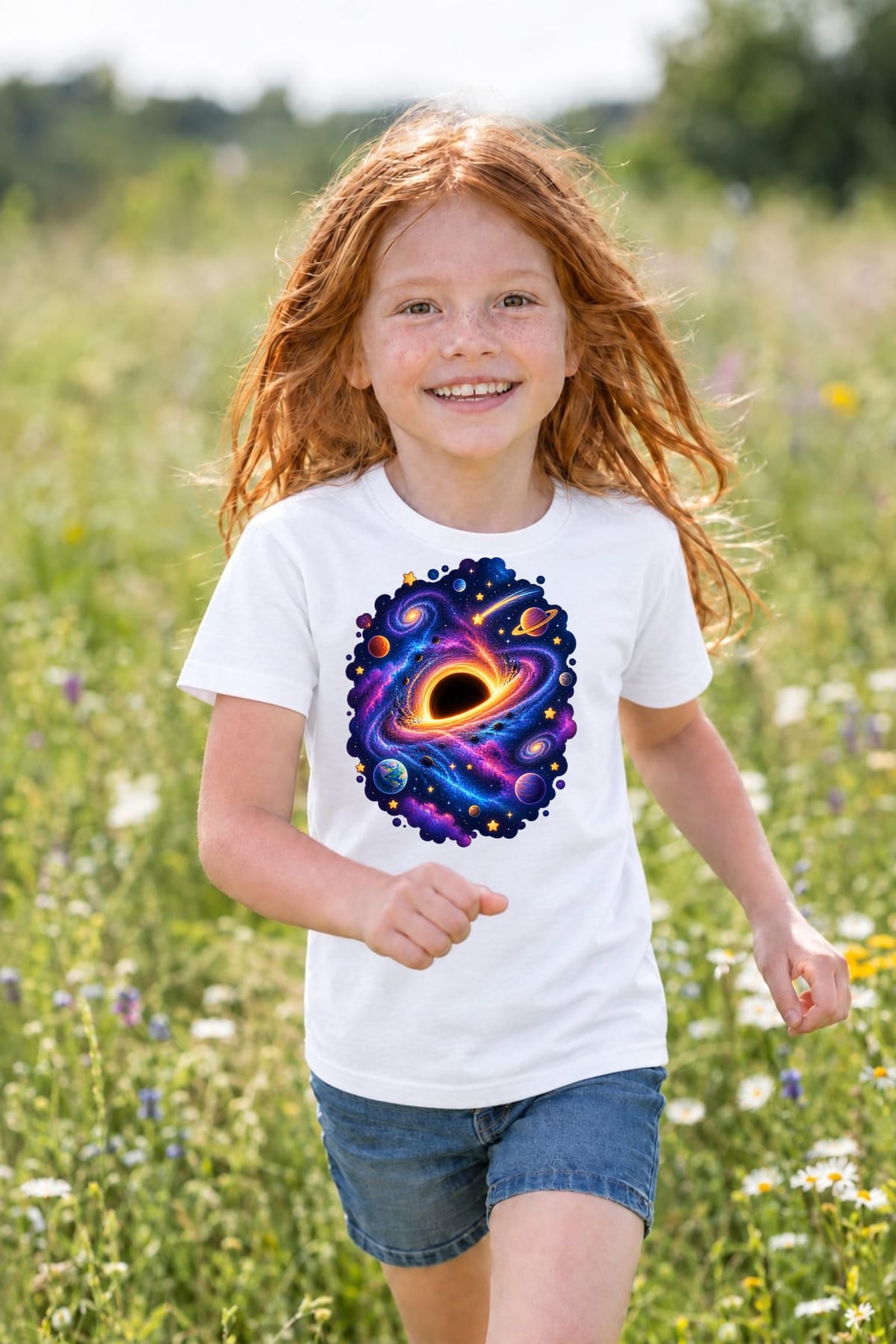 Koszulka z motywem kosmosu czarna dziura dla dziewczynki biała kosmiczny, zdjęcie 7