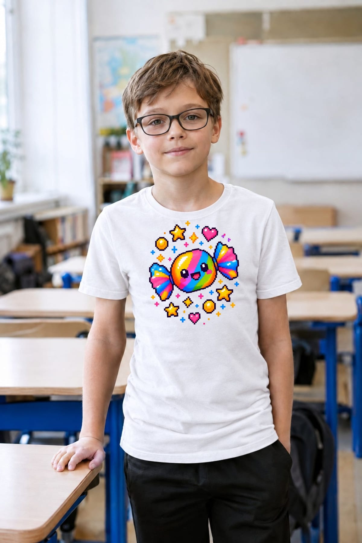 Koszulka z cukierkiem pixel art dla chłopca biała styl pixel, zdjęcie 7