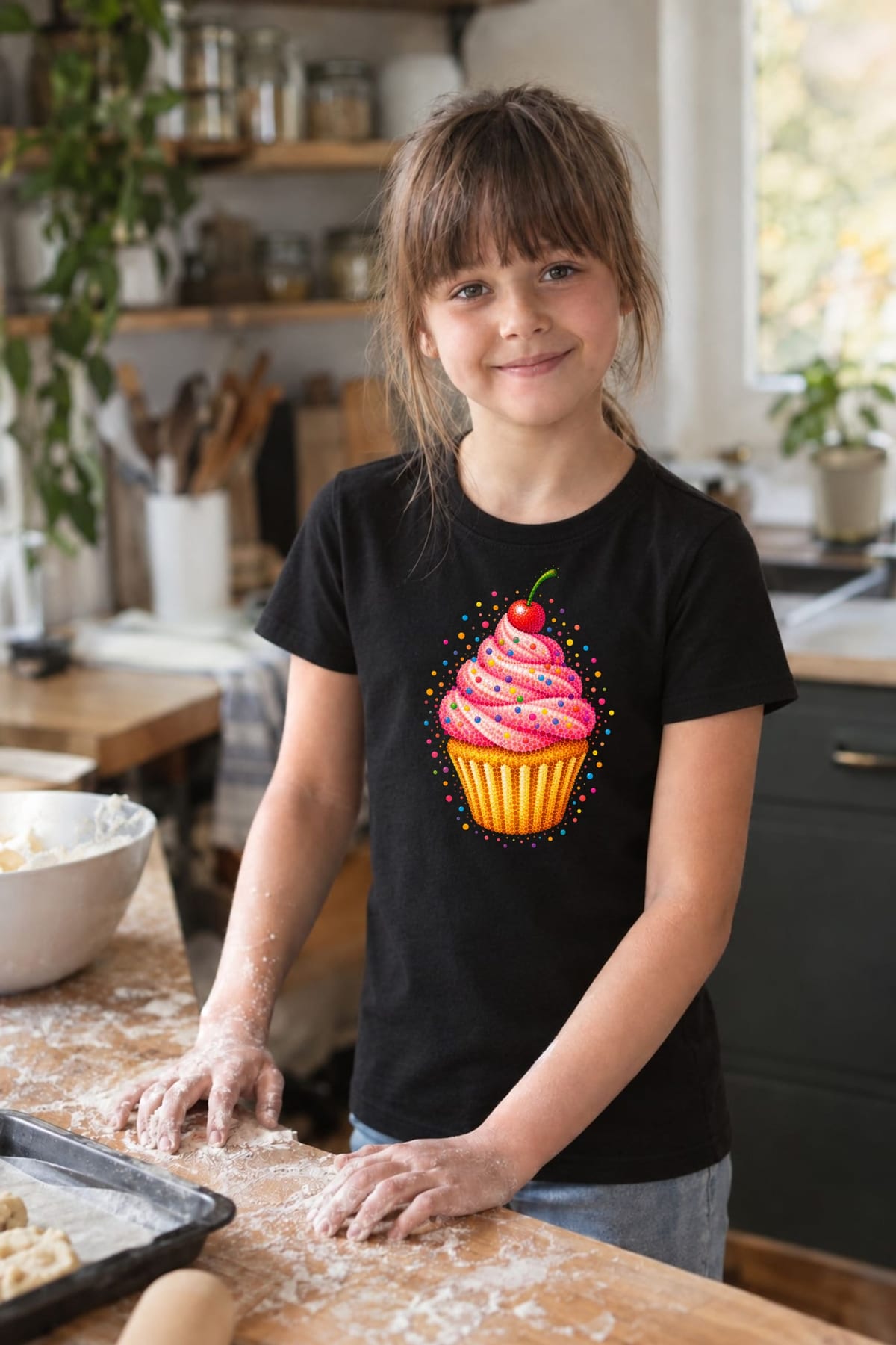 Koszulka z muffinką dla dziewczynki czarna z kolorowych kropek, zdjęcie 4