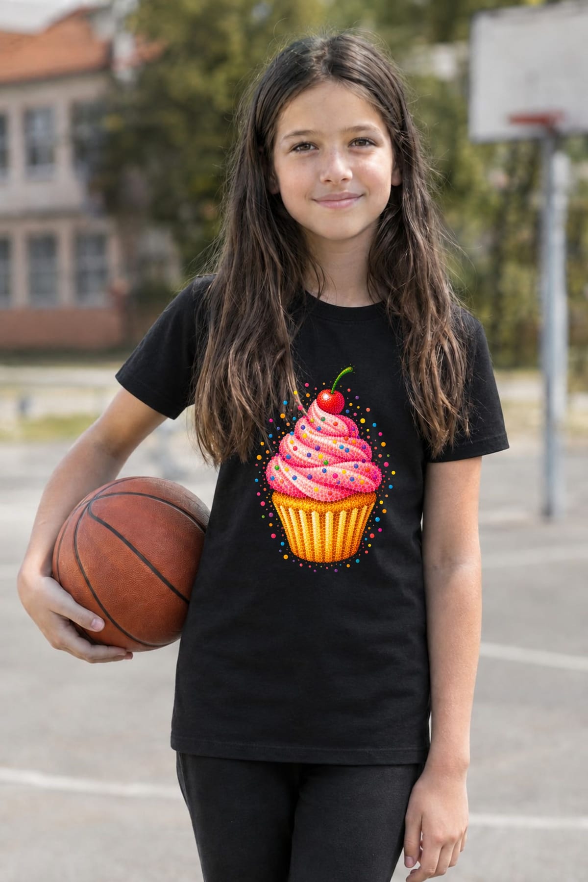 Koszulka z muffinką dla dziewczynki czarna z kolorowych kropek, zdjęcie 6