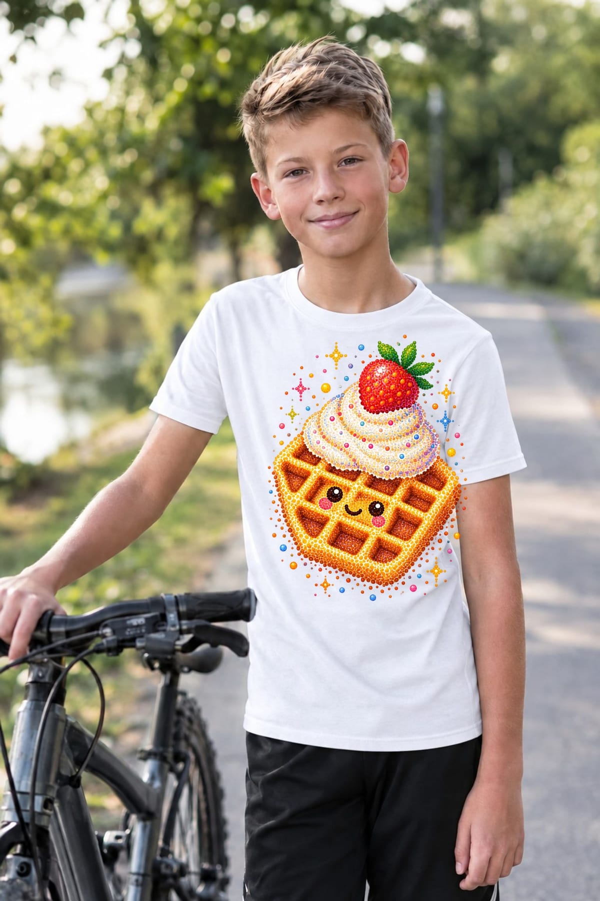 Koszulka z gofrem w kropki dla chłopca biała z kolorowych kropek, zdjęcie 3