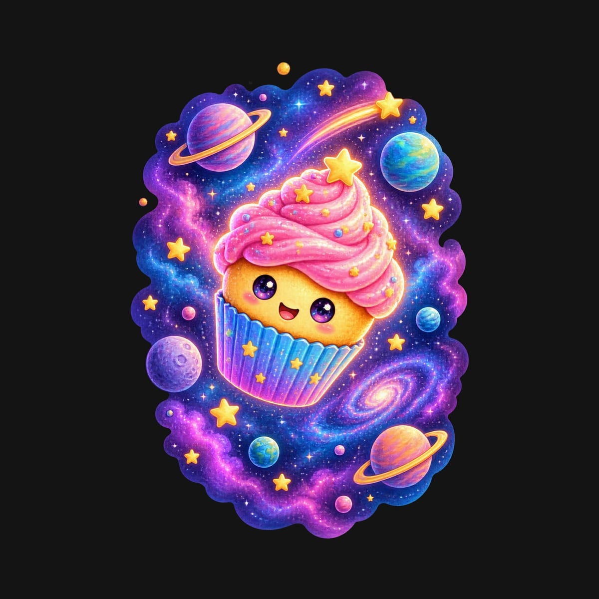Koszulka ze słodyczami dla dziewczynki czarna cupcake wśród gwiazd, zdjęcie 2