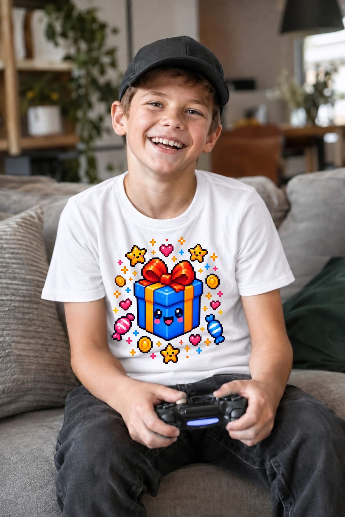 Koszulka z prezentem pixel art dla chłopca biała klockowy styl, zdjęcie 5