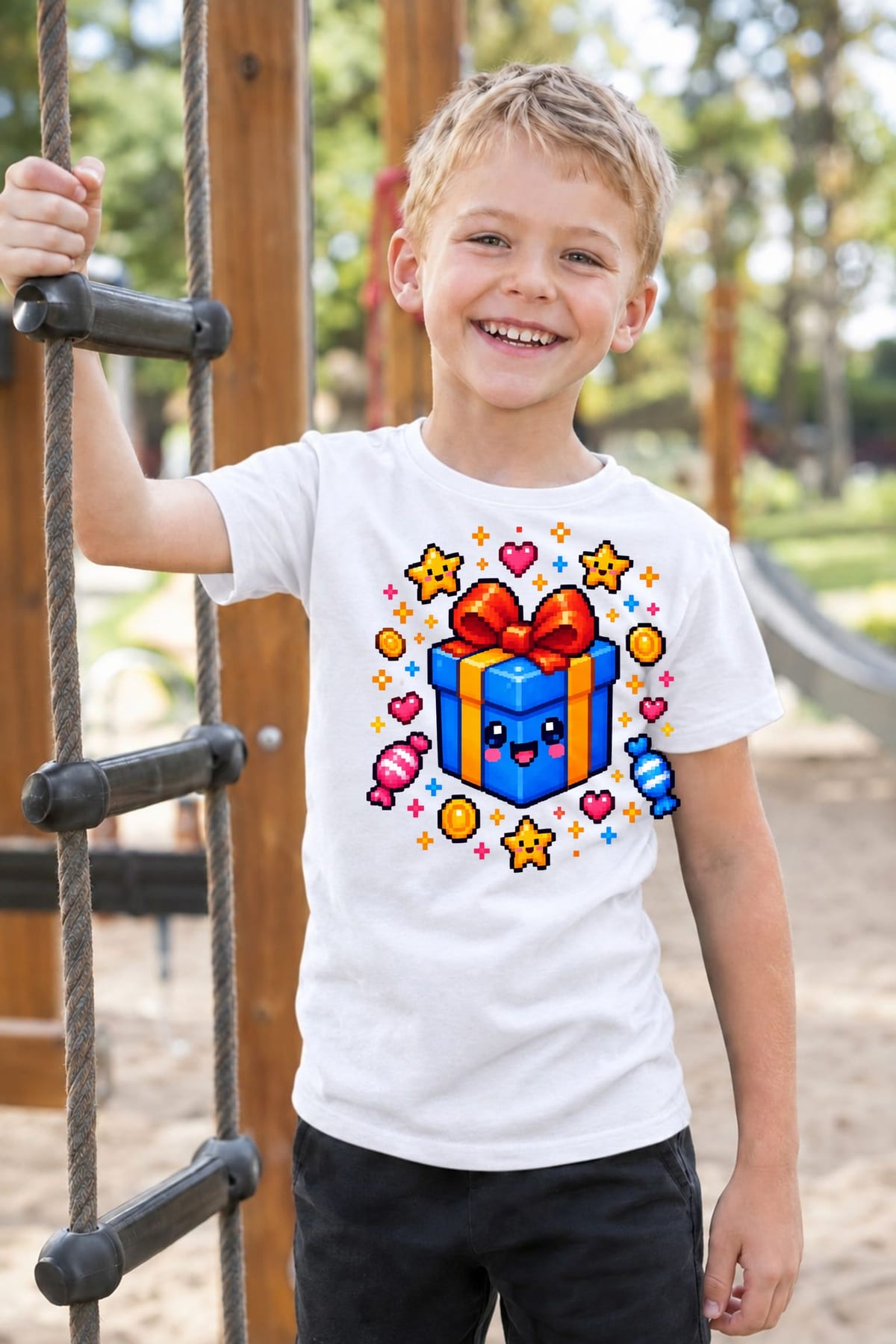 Koszulka z prezentem pixel art dla chłopca biała klockowy styl, zdjęcie 7