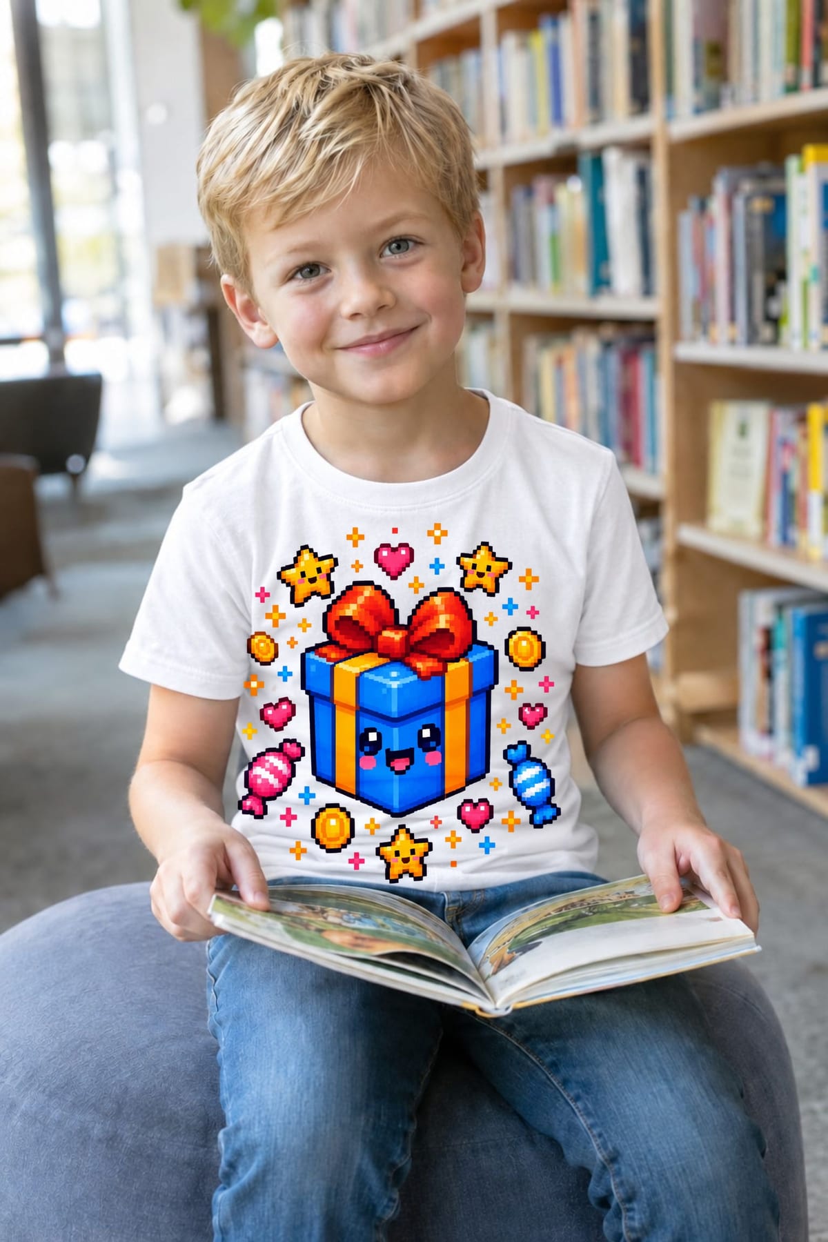 Koszulka z prezentem pixel art dla chłopca biała klockowy styl, zdjęcie 8