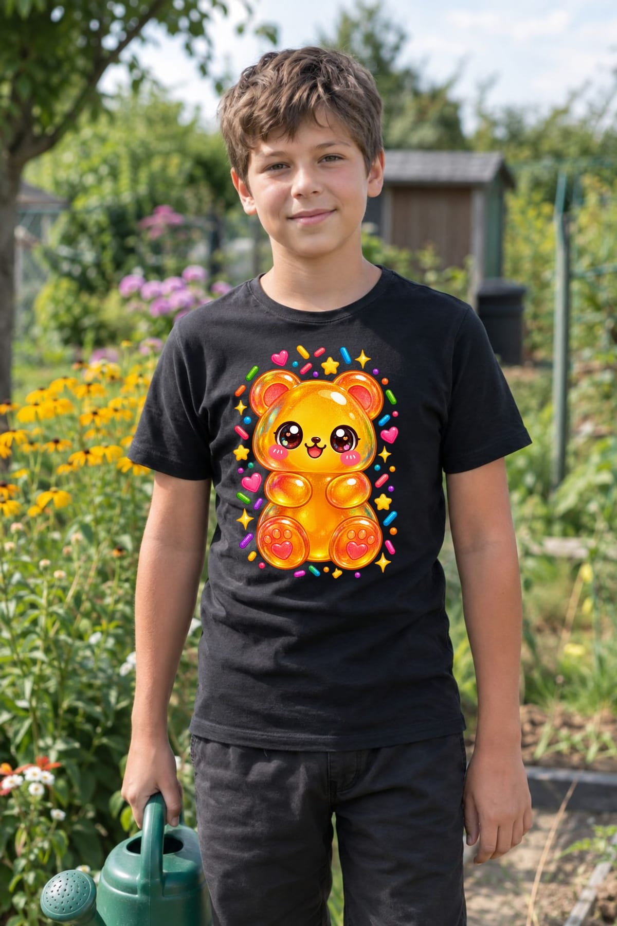 Koszulka z misiem żelkowym dla chłopca czarna słodki styl kawaii, zdjęcie 3