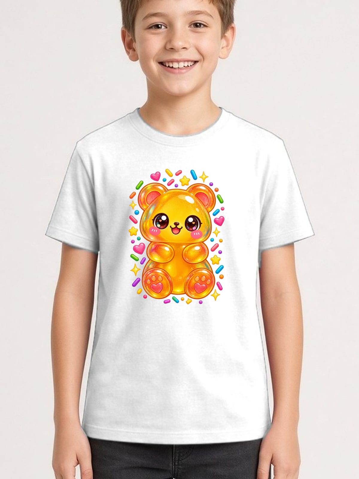 Koszulka z misiem żelkowym dla chłopca biała słodki styl kawaii, zdjęcie 1