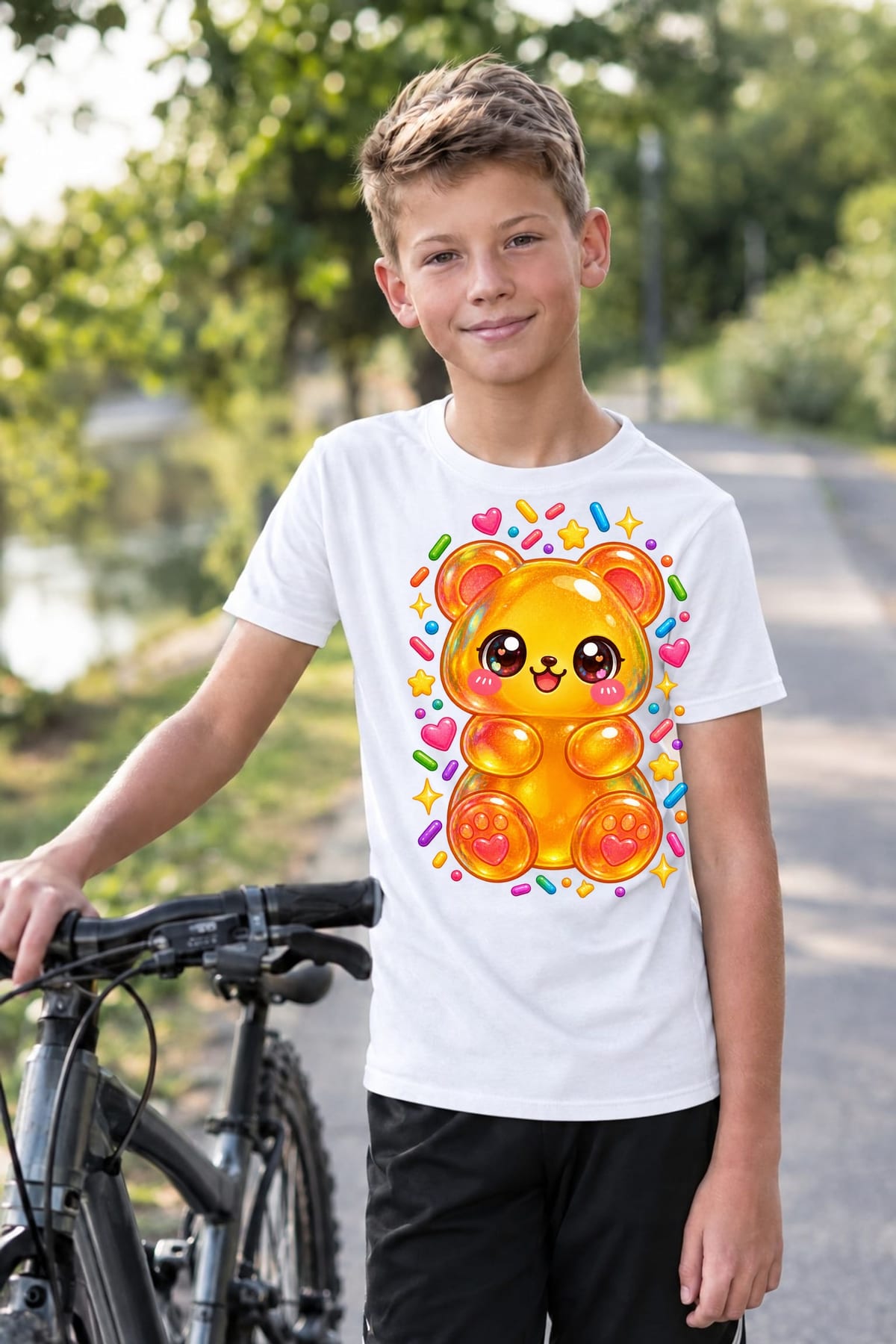 Koszulka z misiem żelkowym dla chłopca biała słodki styl kawaii, zdjęcie 3