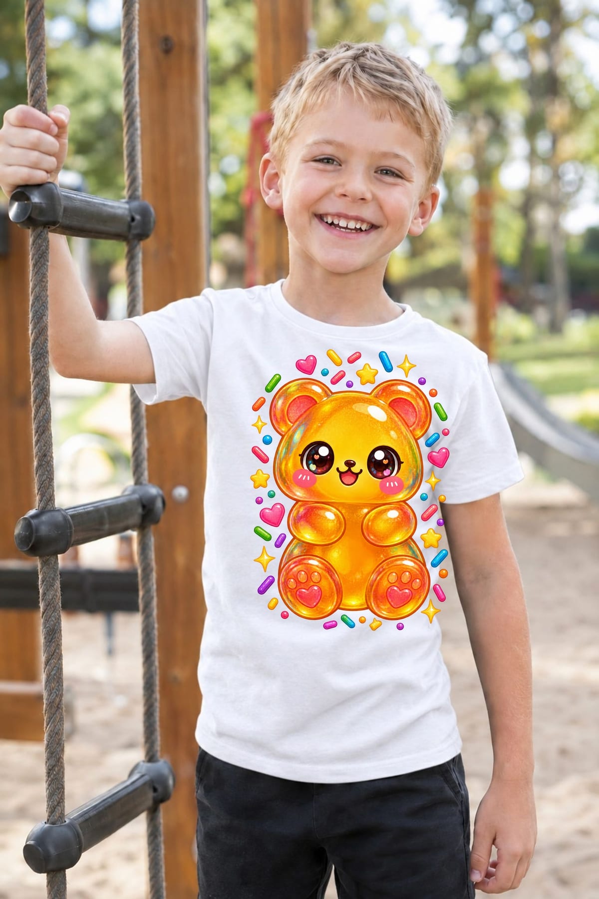 Koszulka z misiem żelkowym dla chłopca biała słodki styl kawaii, zdjęcie 5