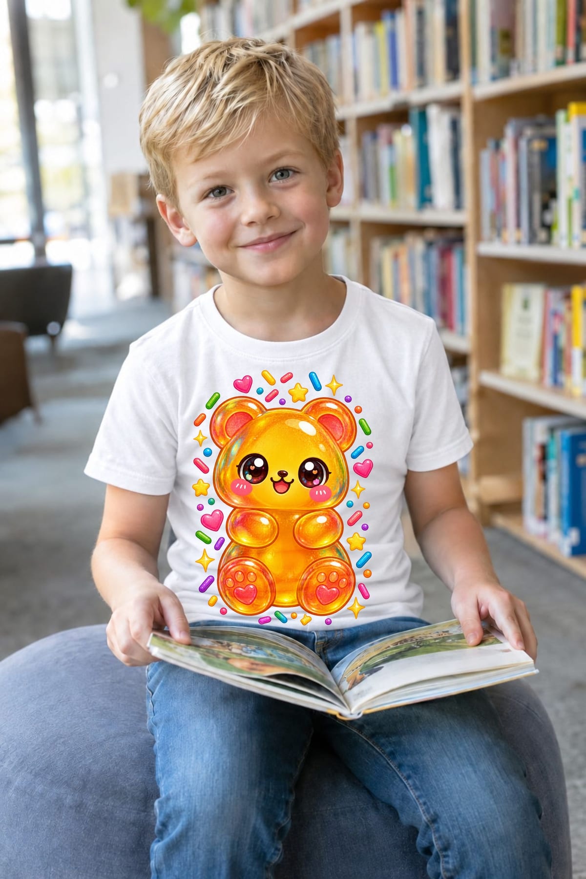 Koszulka z misiem żelkowym dla chłopca biała słodki styl kawaii, zdjęcie 6