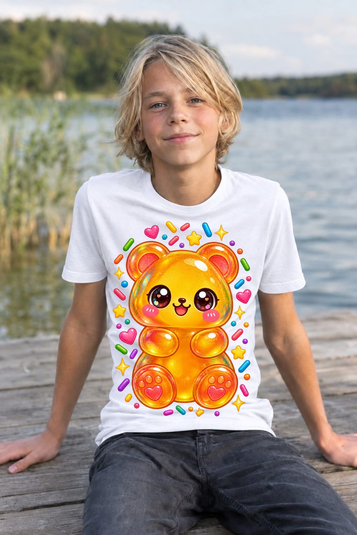 Koszulka z misiem żelkowym dla chłopca biała słodki styl kawaii, zdjęcie 8