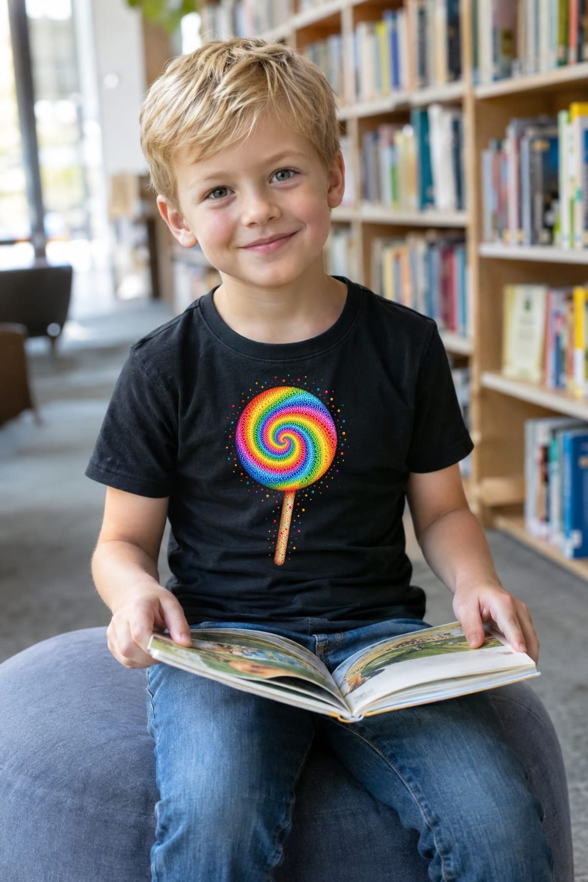 Koszulka z lizakiem dla chłopca czarna z kolorowych kropek, zdjęcie 4