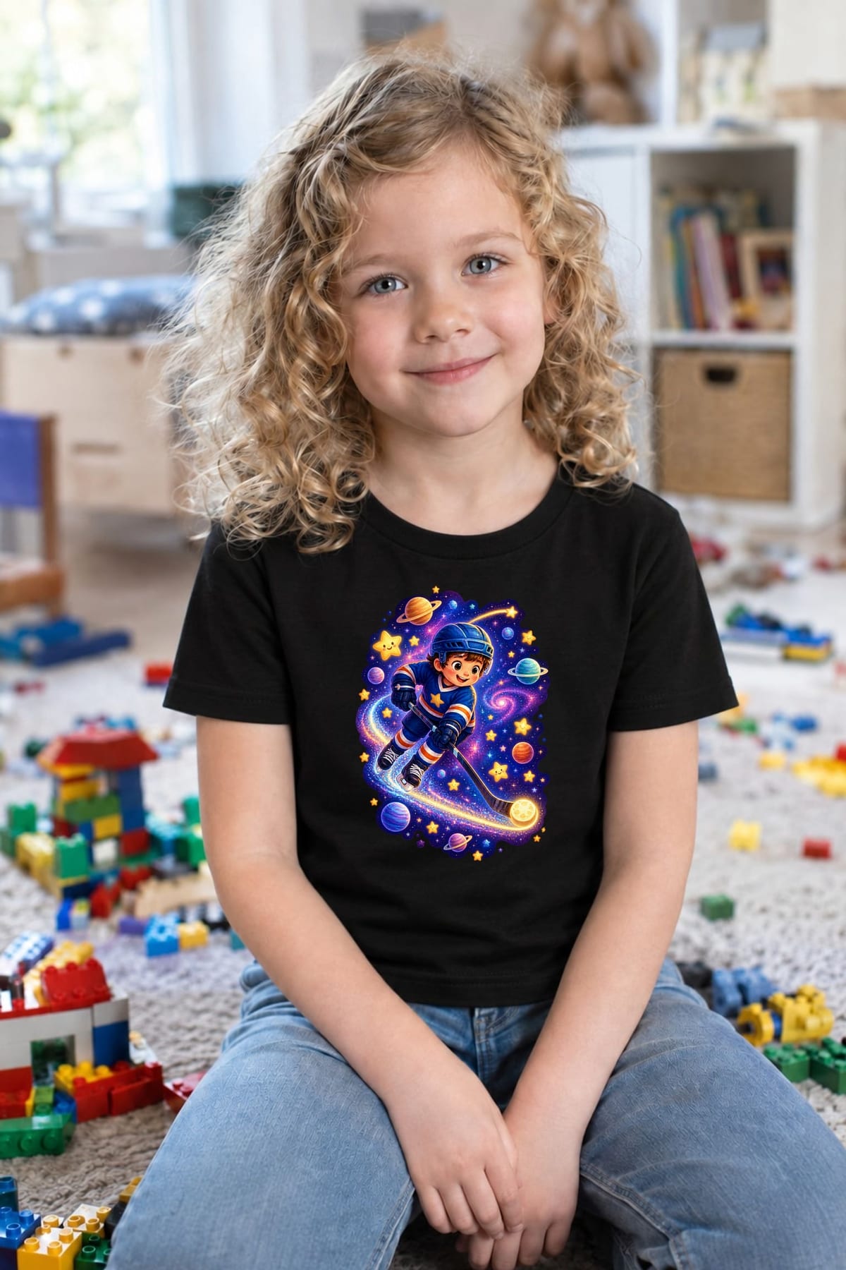 Koszulka z hokeistą kosmiczna dla dziewczynki czarna z gwiazdami, zdjęcie 6