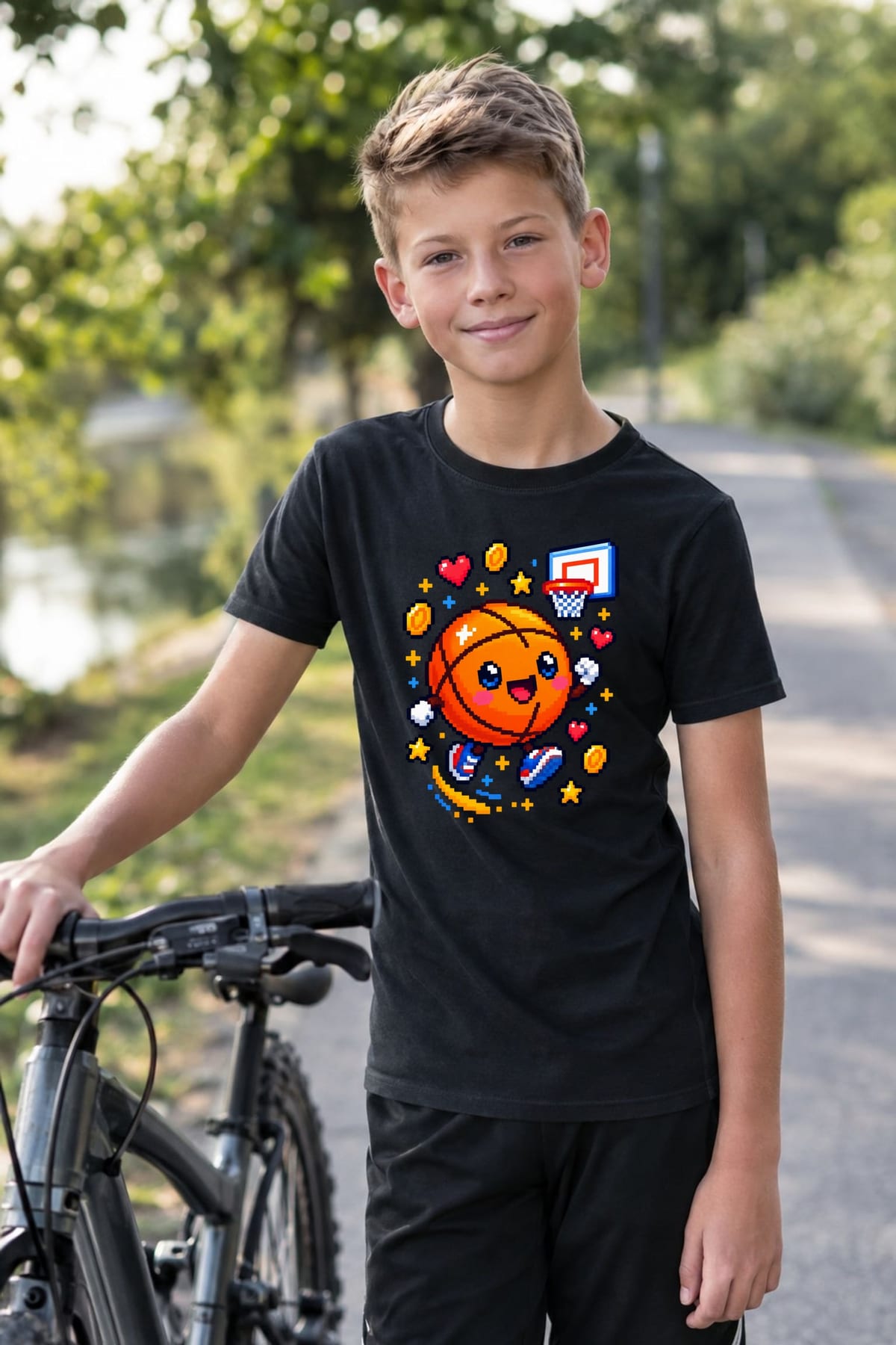 Koszulka z piłką do kosza dla chłopca czarna pixel art styl, zdjęcie 3