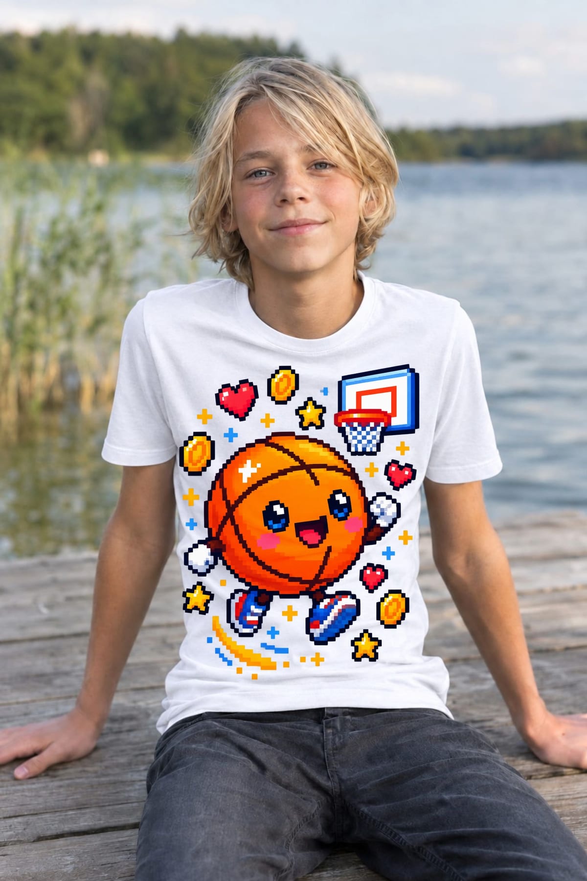 Koszulka z piłką do kosza dla chłopca biała pixel art styl, zdjęcie 7