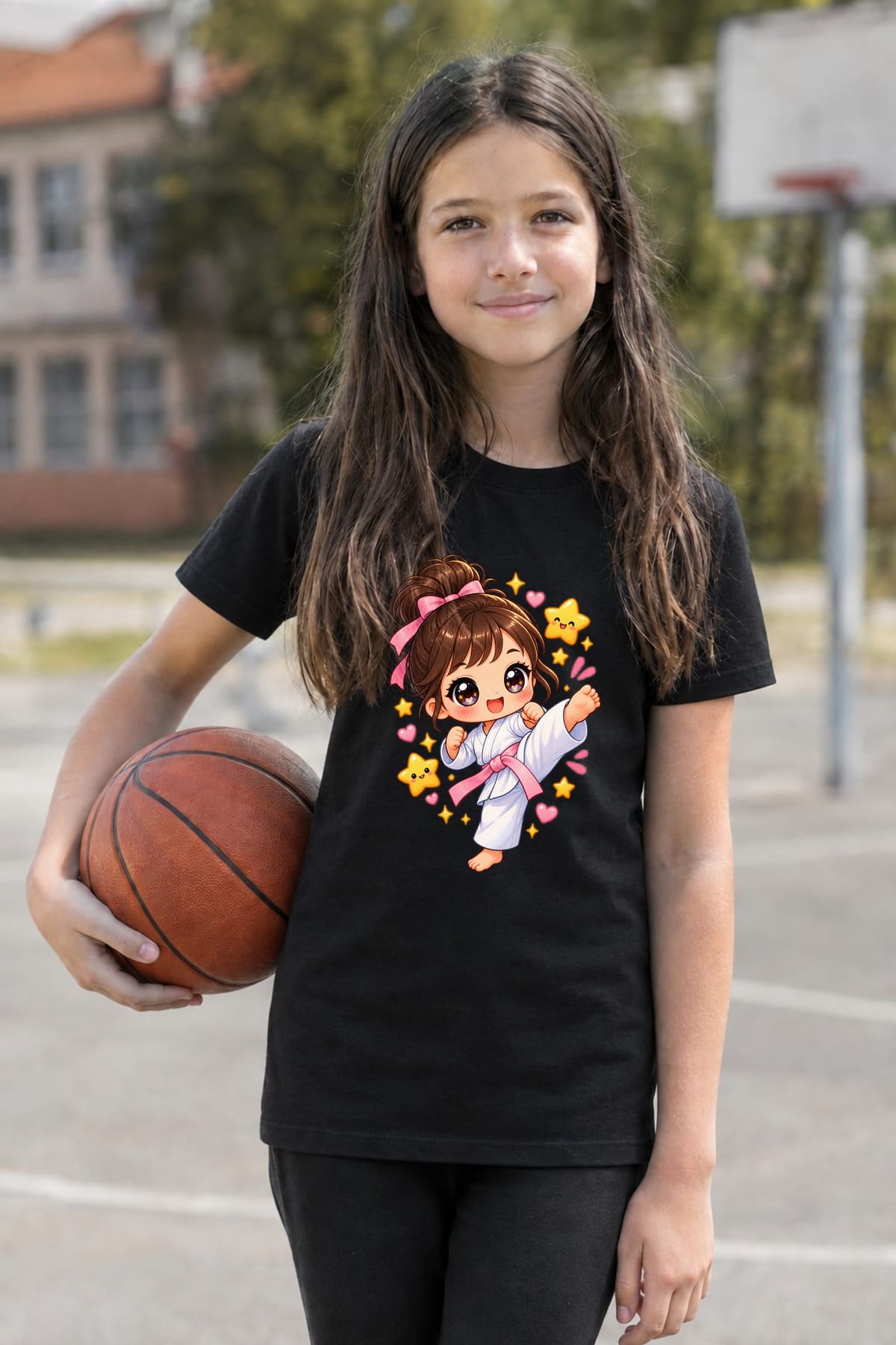 Koszulka z karate dla dziewczynki czarna słodki styl kawaii, zdjęcie 8