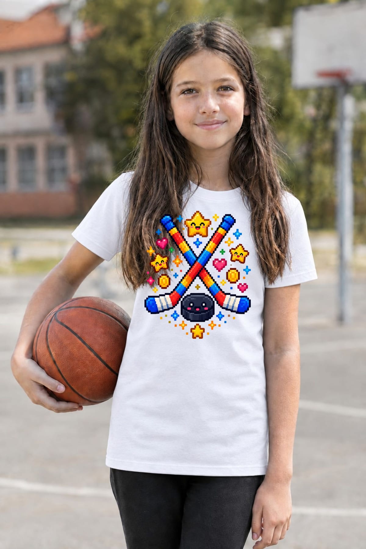 Koszulka z kijem hokejowym pixel art dla dziewczynki biała, zdjęcie 4