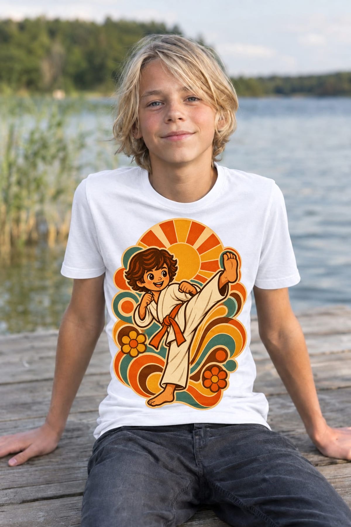 Koszulka z karate retro dla chłopca biała w klimacie lat 70, zdjęcie 5