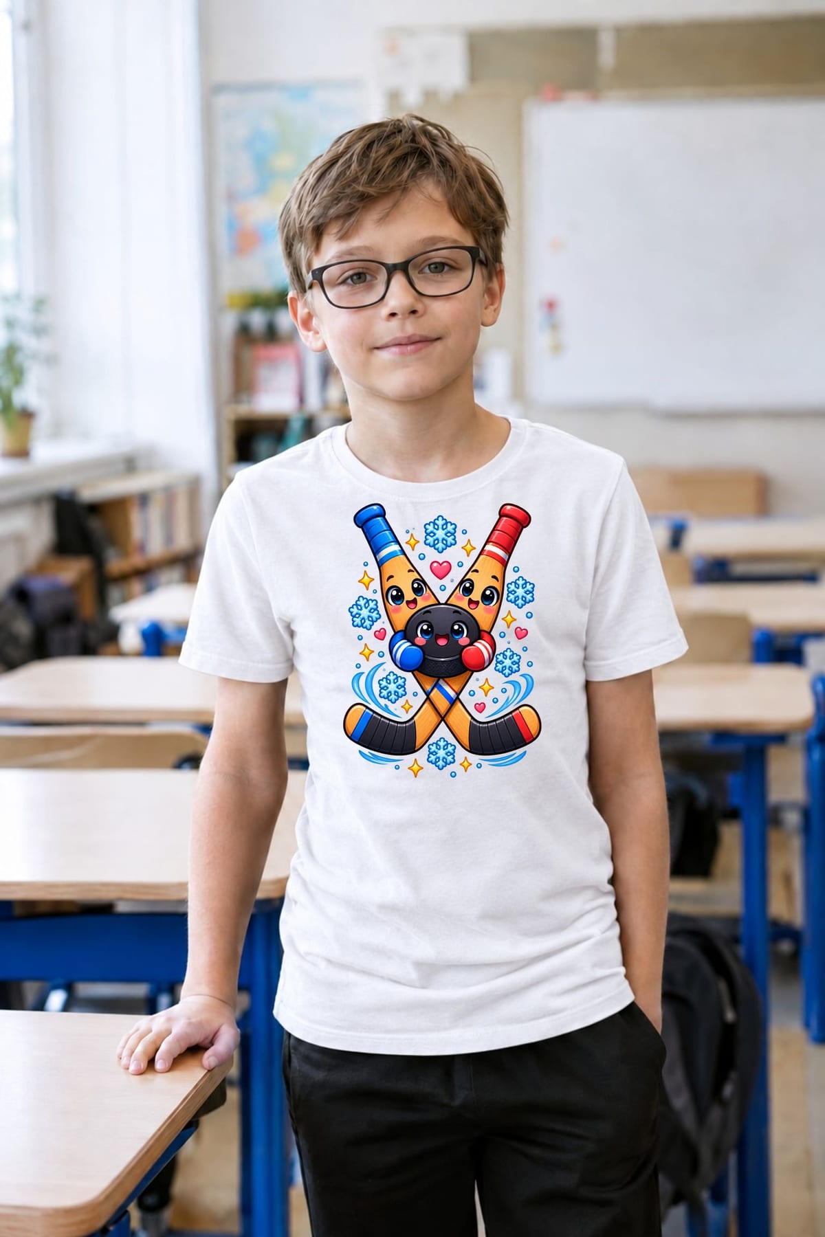 Koszulka z kijem hokejowym dla chłopca biała słodki kawaii, zdjęcie 5