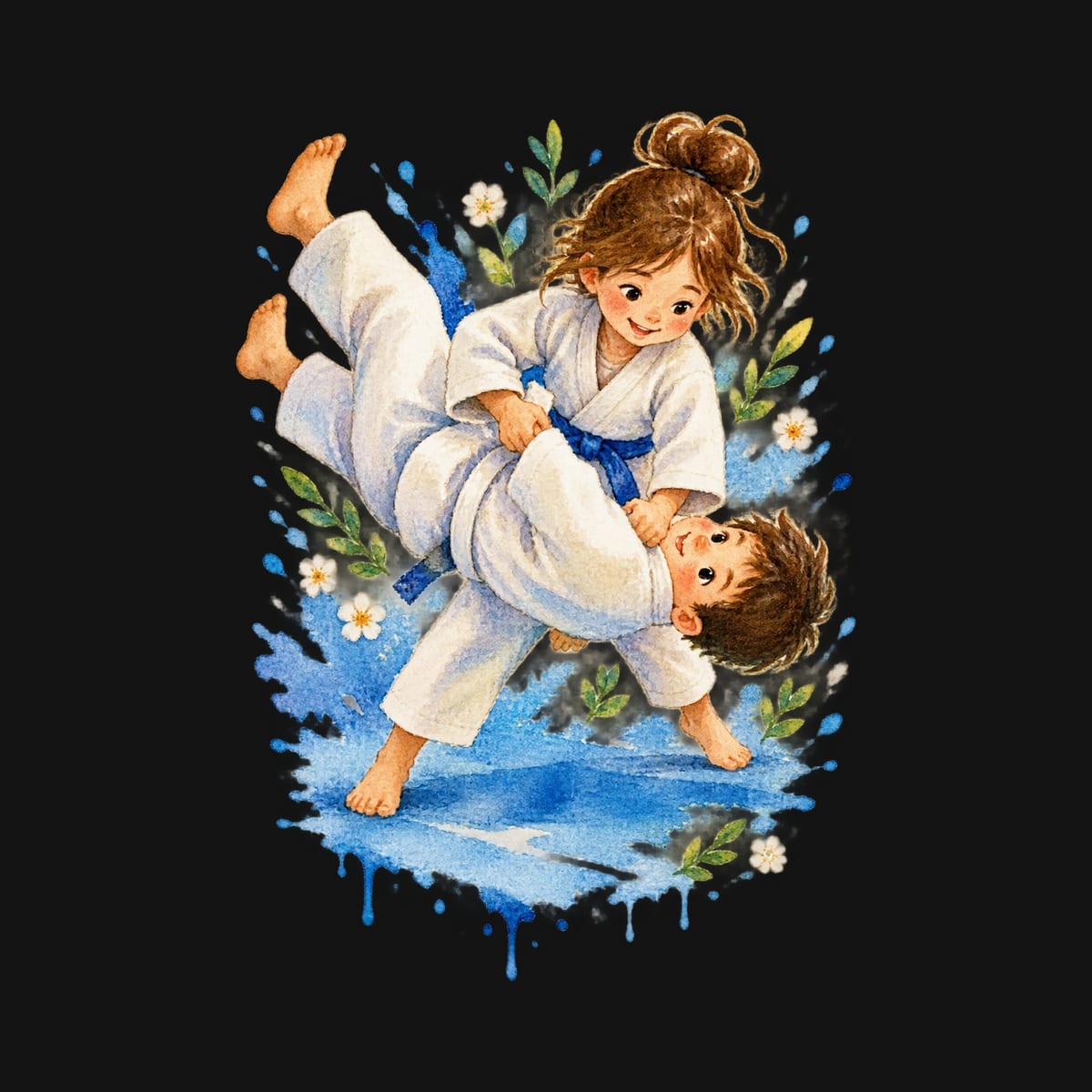 Koszulka z judoka akwarela dla dziewczynki czarna miękka akwarela, zdjęcie 2
